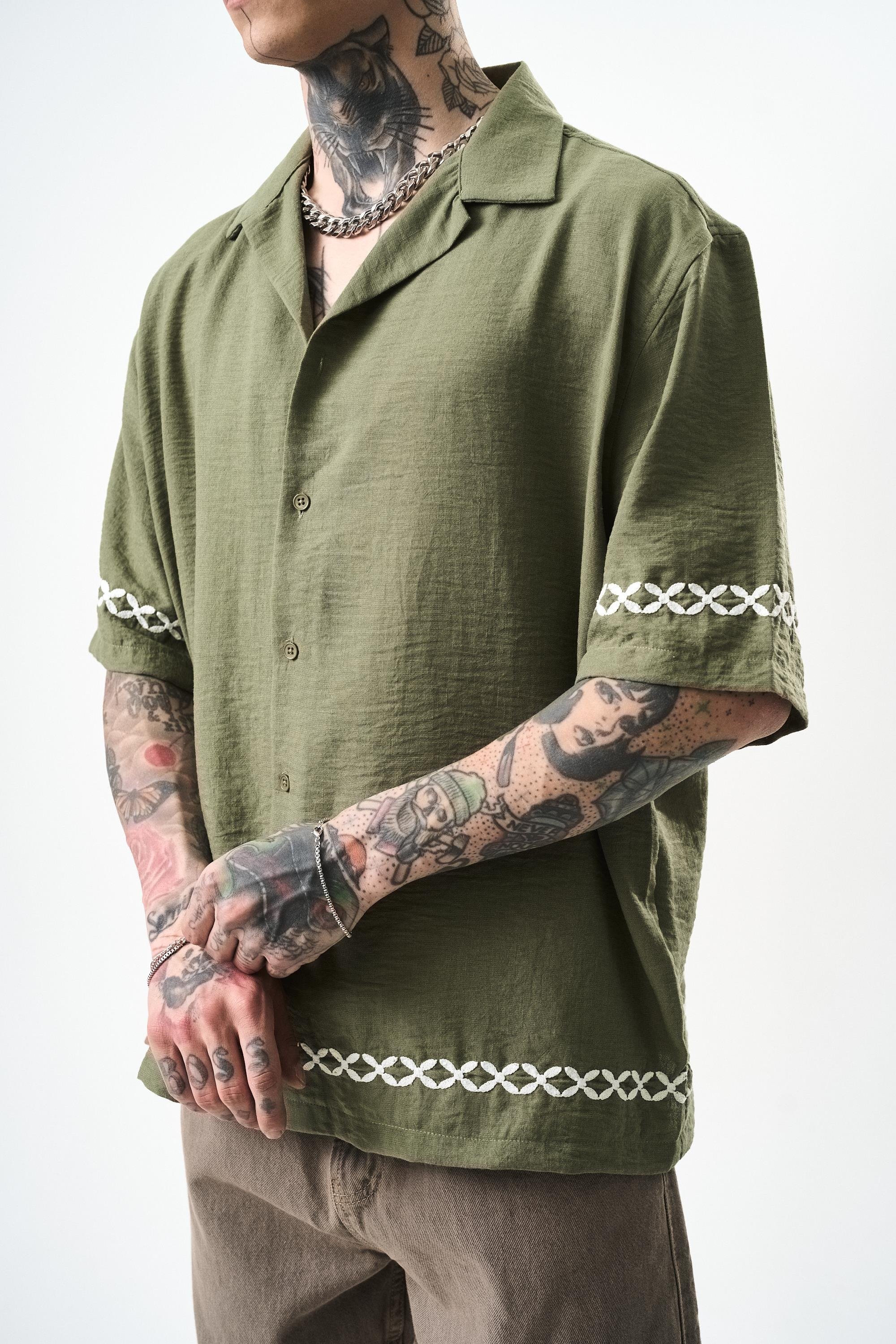 Erkek Pocket Nakışlı Oversize Keten Gömlek