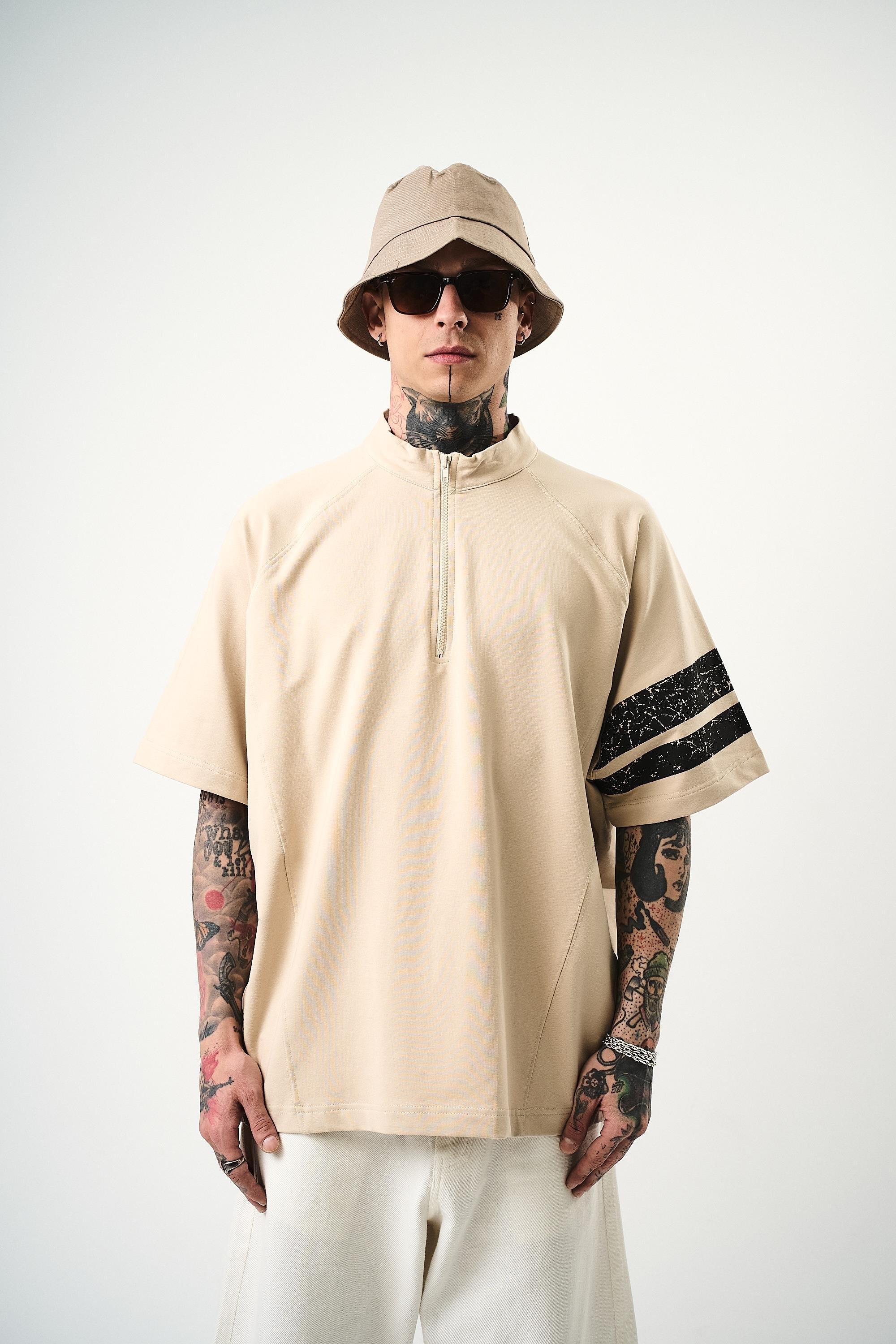 Erkek 84 Zone Baskılı Oversize T-Shirt - Bej