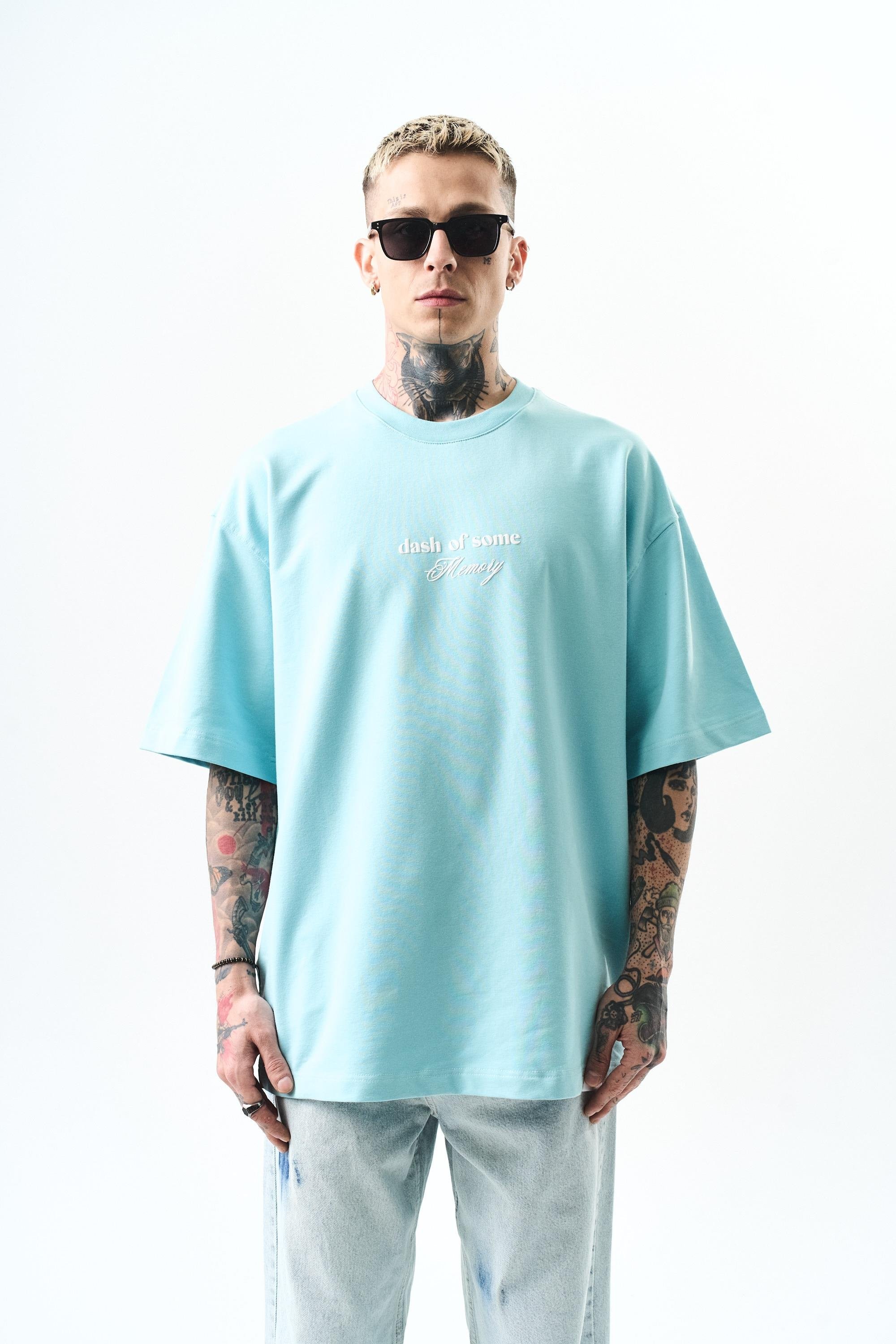 Erkek Memory Baskılı Oversize T-Shirt Siyah - Bebe Mavi