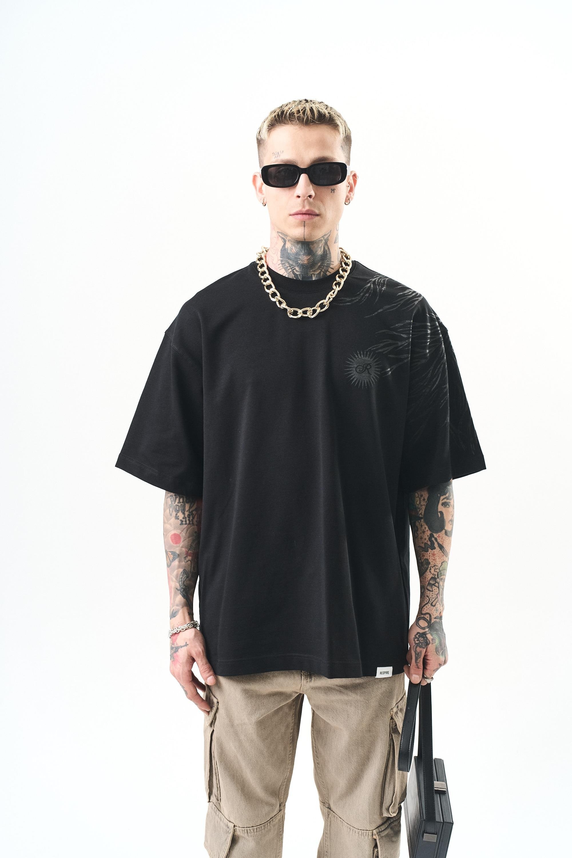 Erkek Hand Baskılı Oversize T-Shirt Siyah - Siyah
