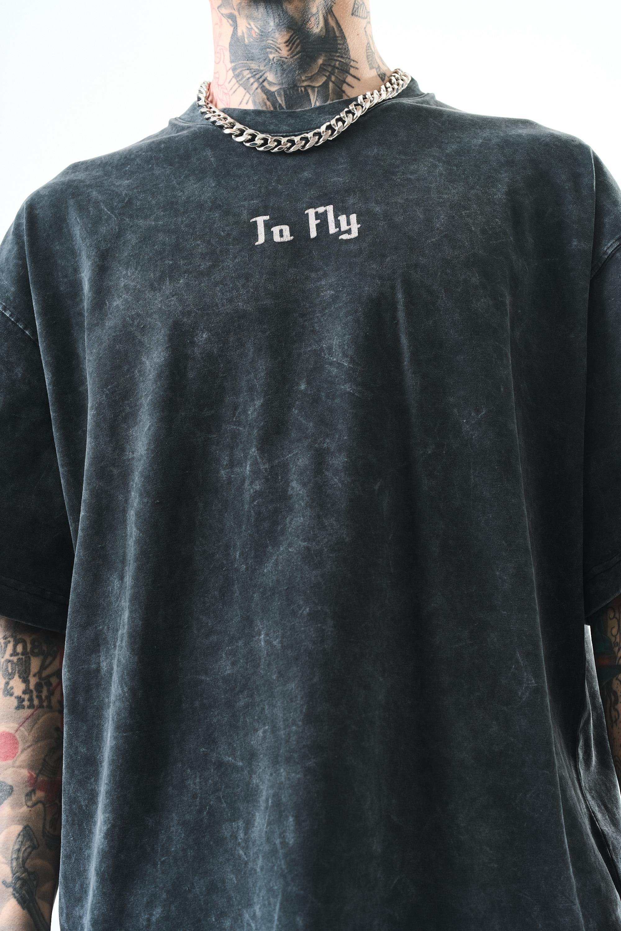 Erkek To Fly Baskılı Yıkamalı Oversize T-Shirt