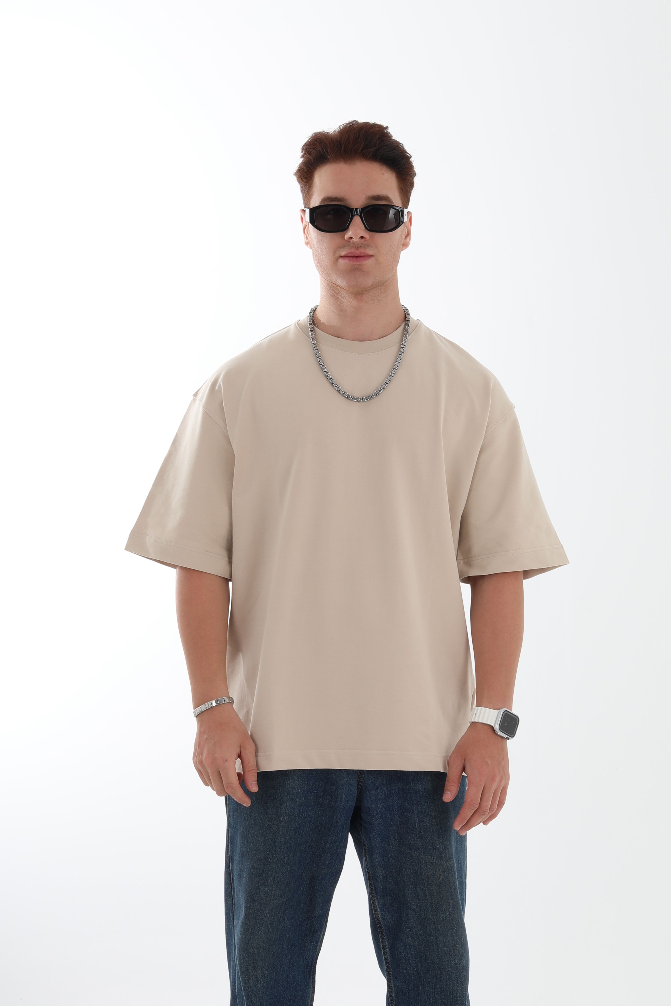 Haft Collection Erkek Basic T-Shirt - Bej
