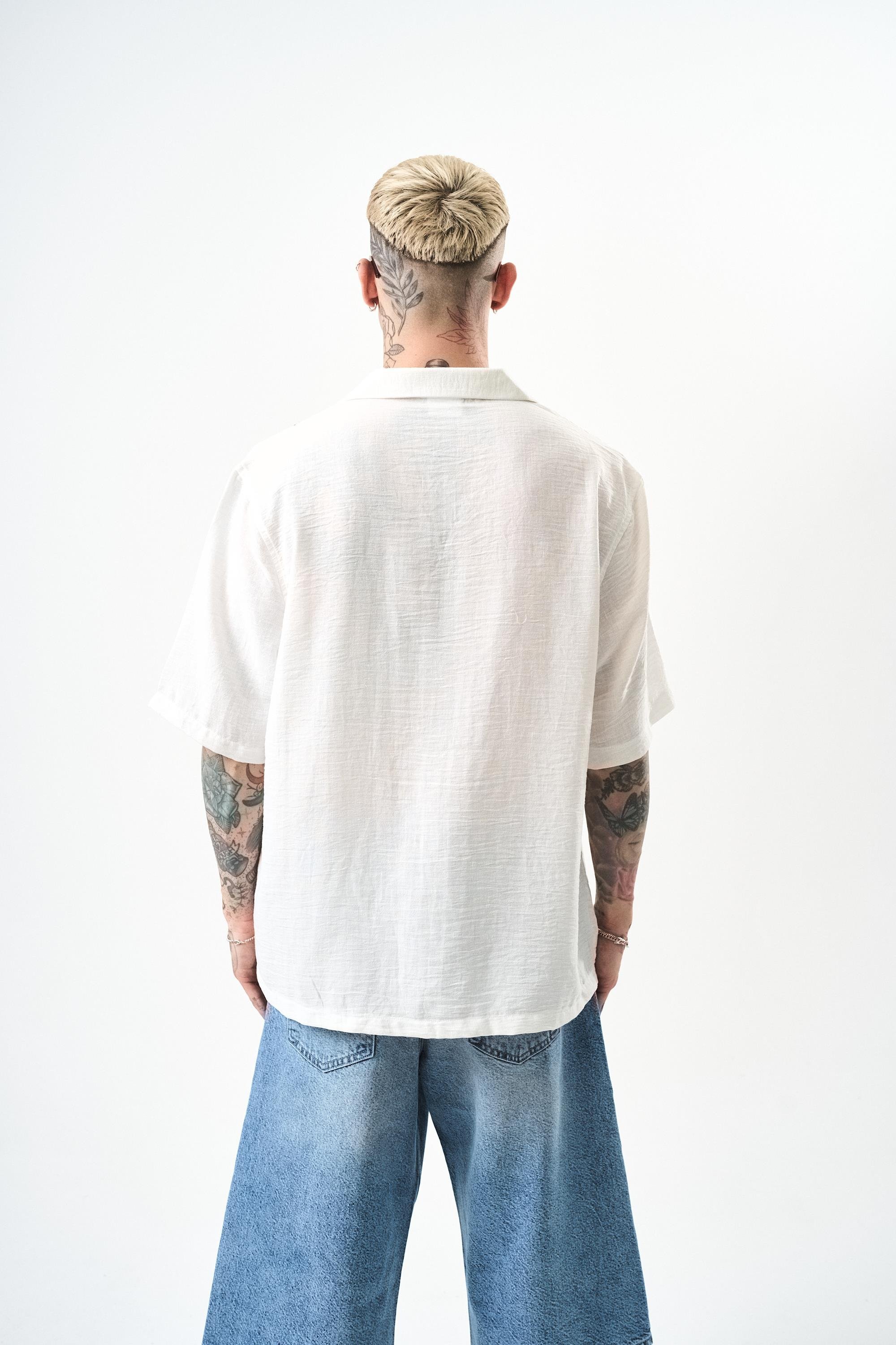 Erkek Zigzag Nakışlı Oversize Keten Gömlek