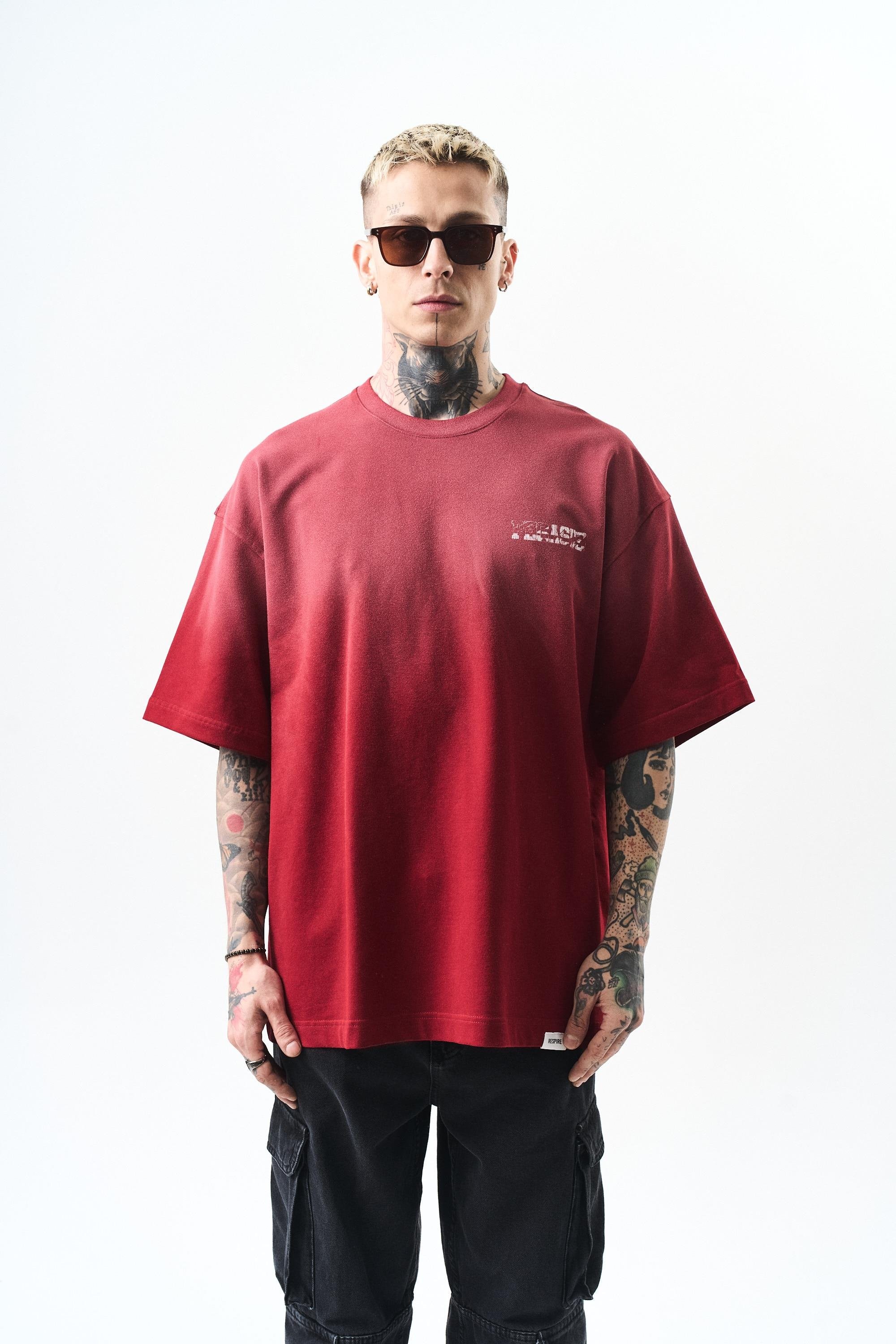 Erkek Pegasus Baskılı Oversize T-Shirt - Bordo