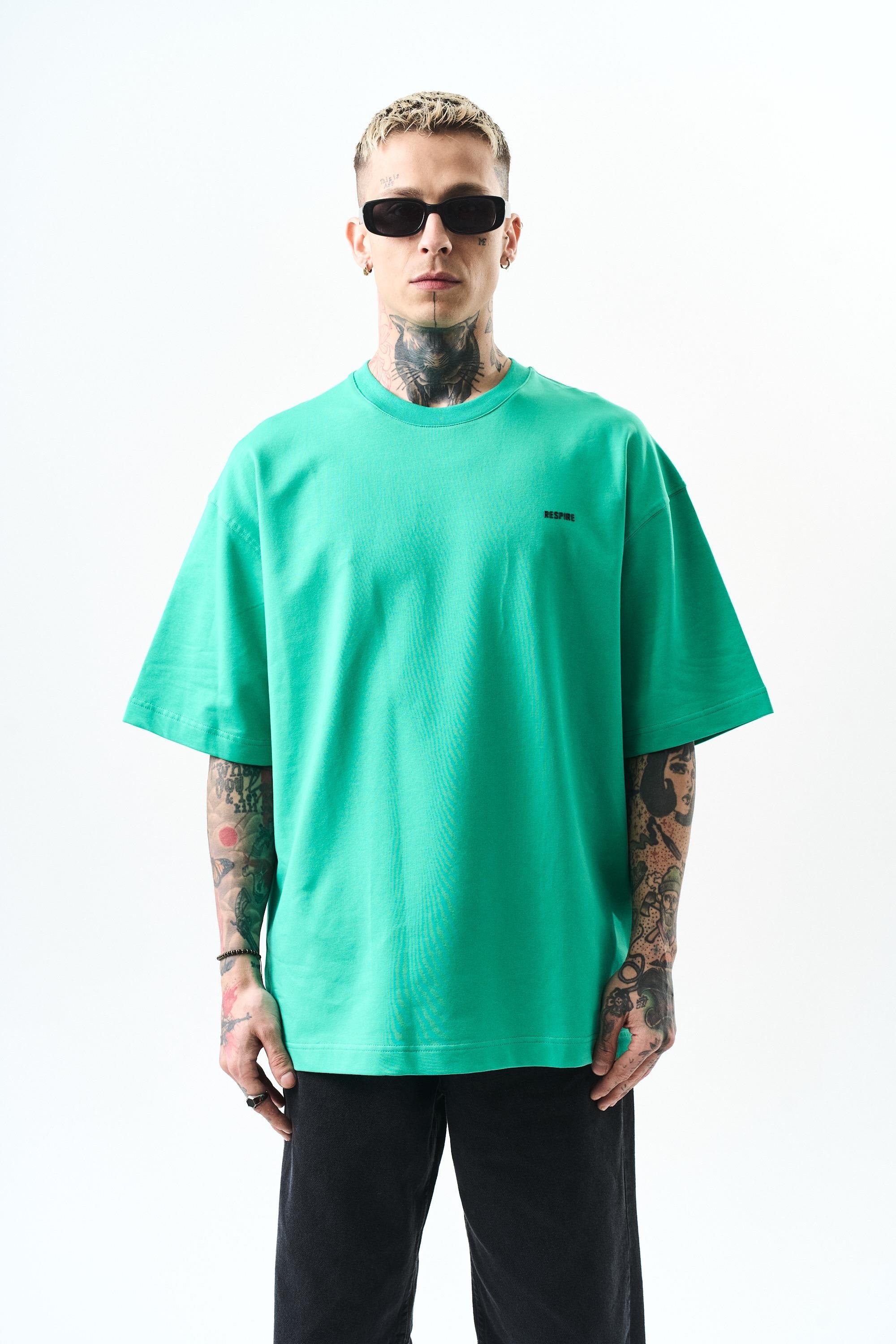 Respire Yazı Detaylı Oversize T-Shirt - Yeşil
