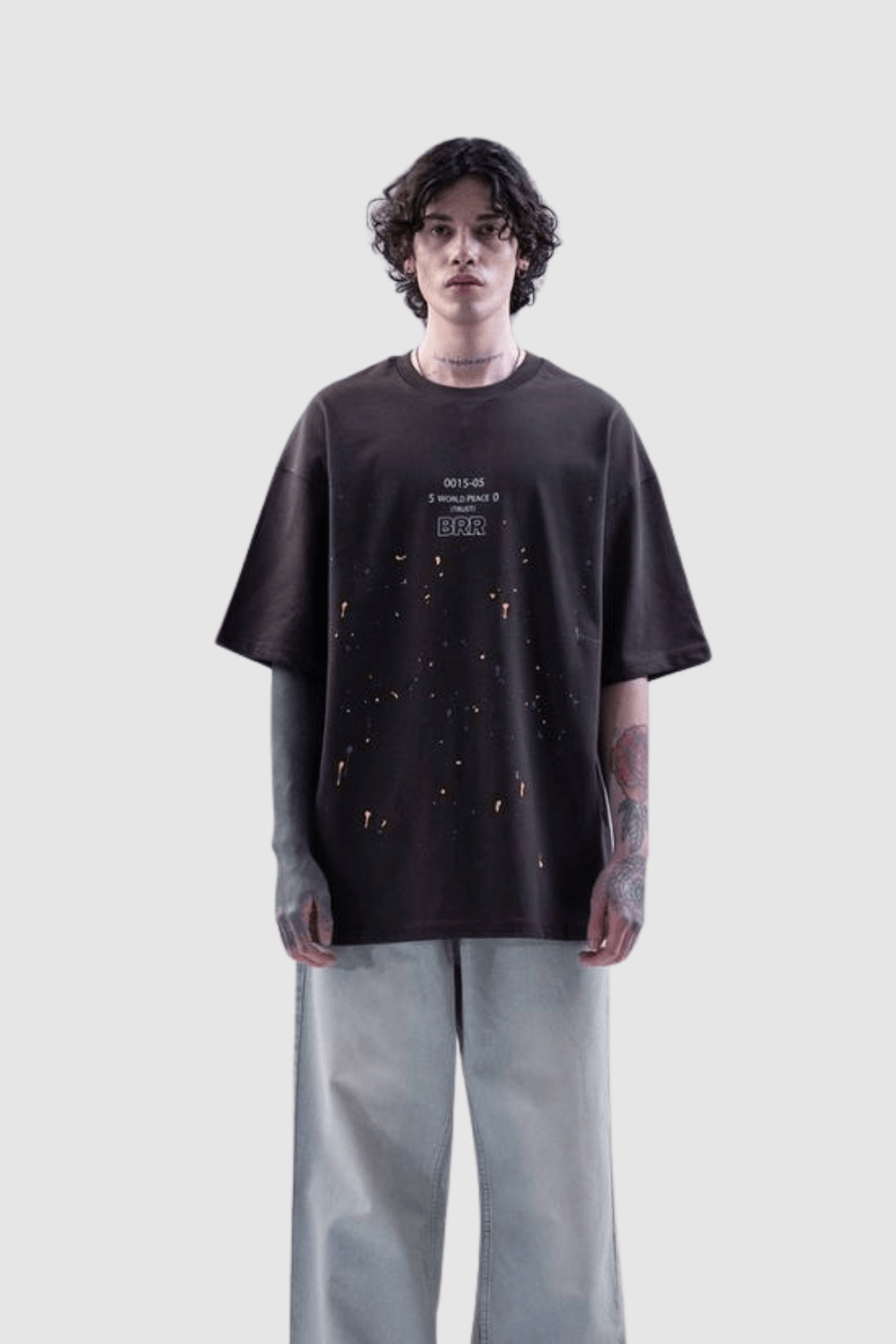 Erkek World Peace Baskılı Bisiklet Yaka Oversize Tişört - Siyah