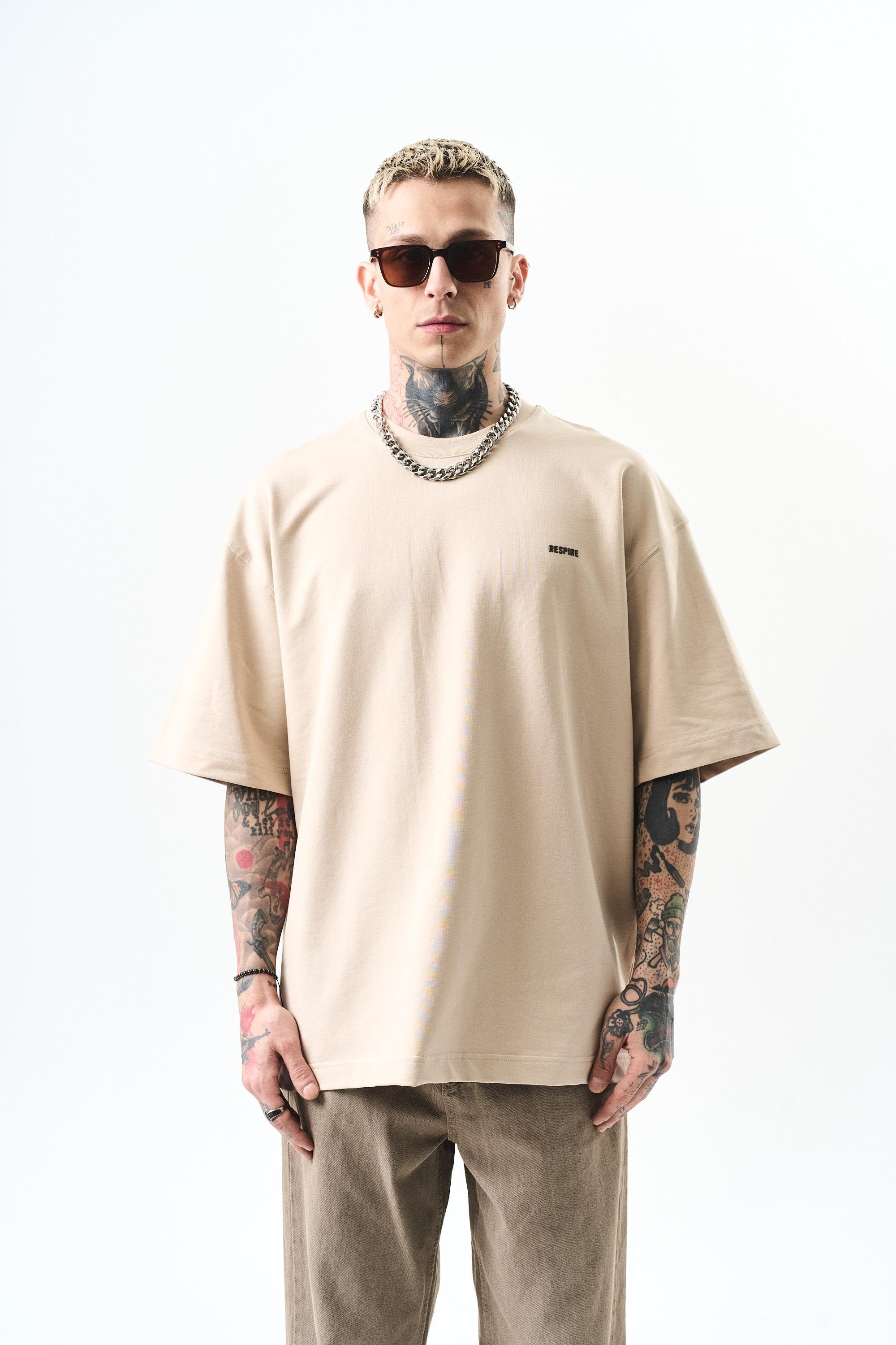 Respire Yazı Detaylı Oversize T-Shirt - Bej
