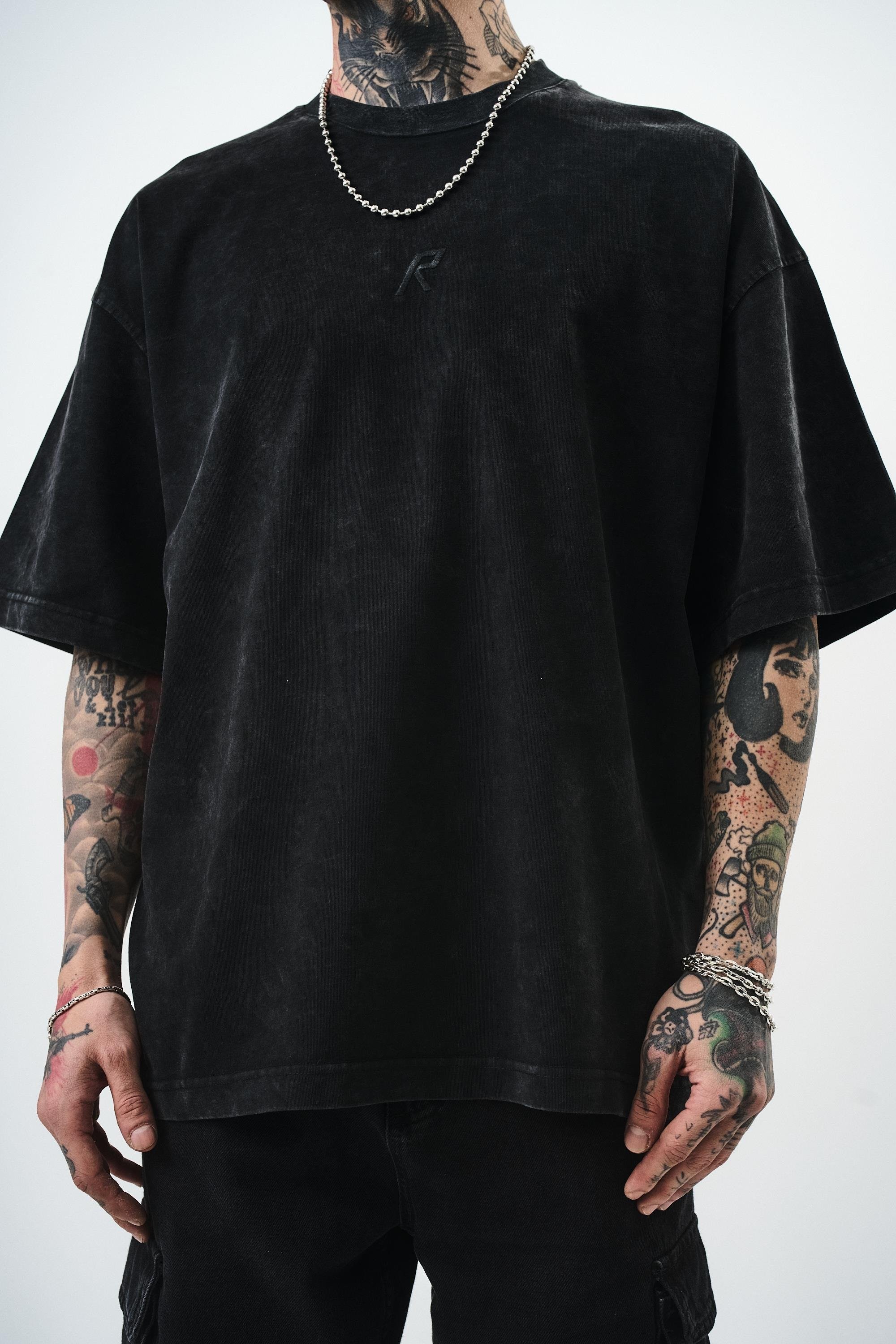 Erkek R Nakışlı Yıkamalı Oversize T-Shirt 