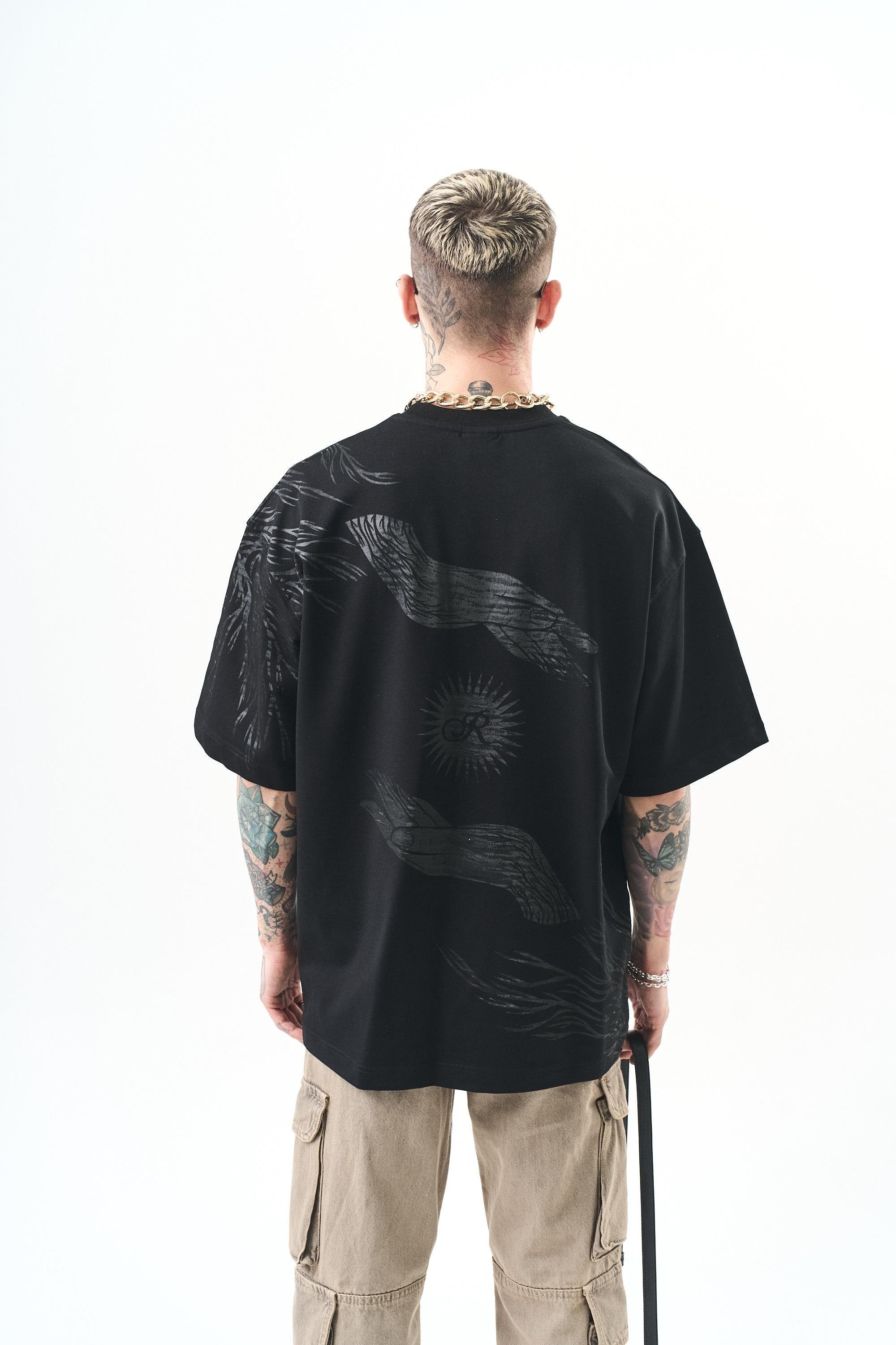 Erkek Hand Baskılı Oversize T-Shirt Siyah