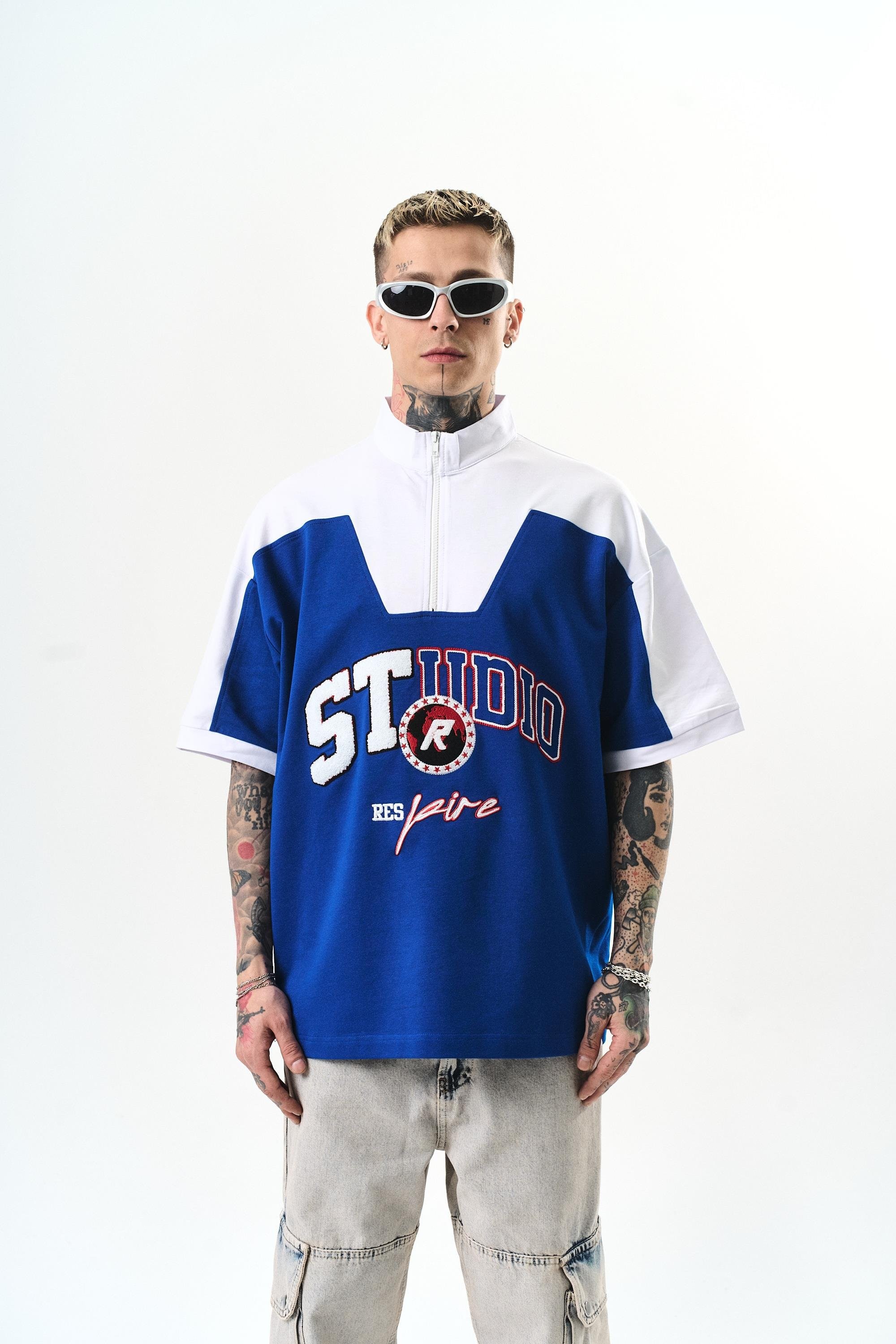Studio Nakışlı Yarım Fermuarlı Oversize T-Shirt - Mavi
