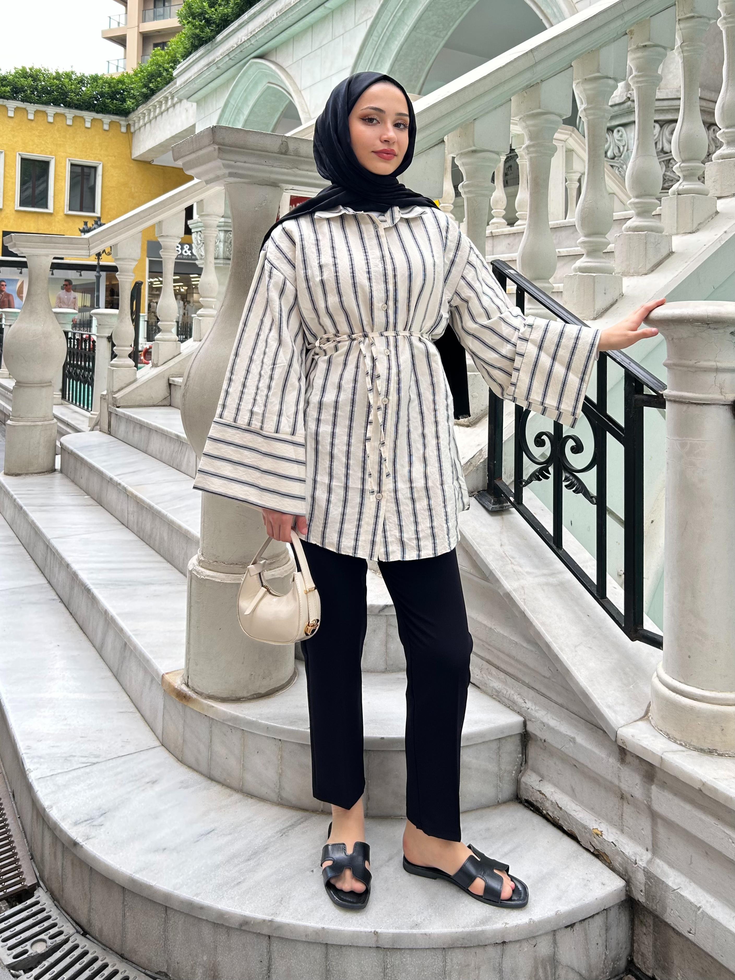 Çizgili Oversize Gömlek - Krem