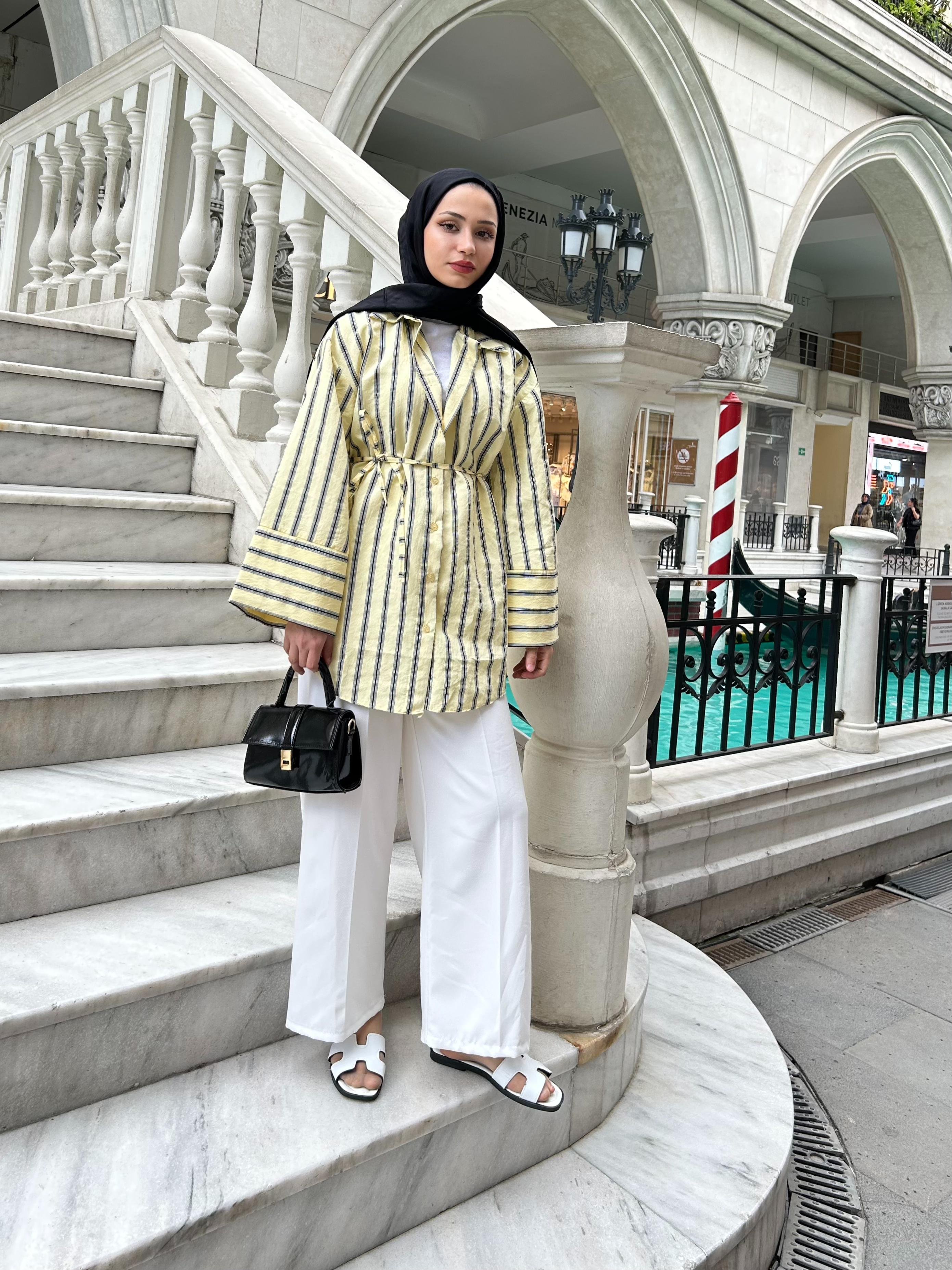Çizgili Oversize Gömlek - Sarı