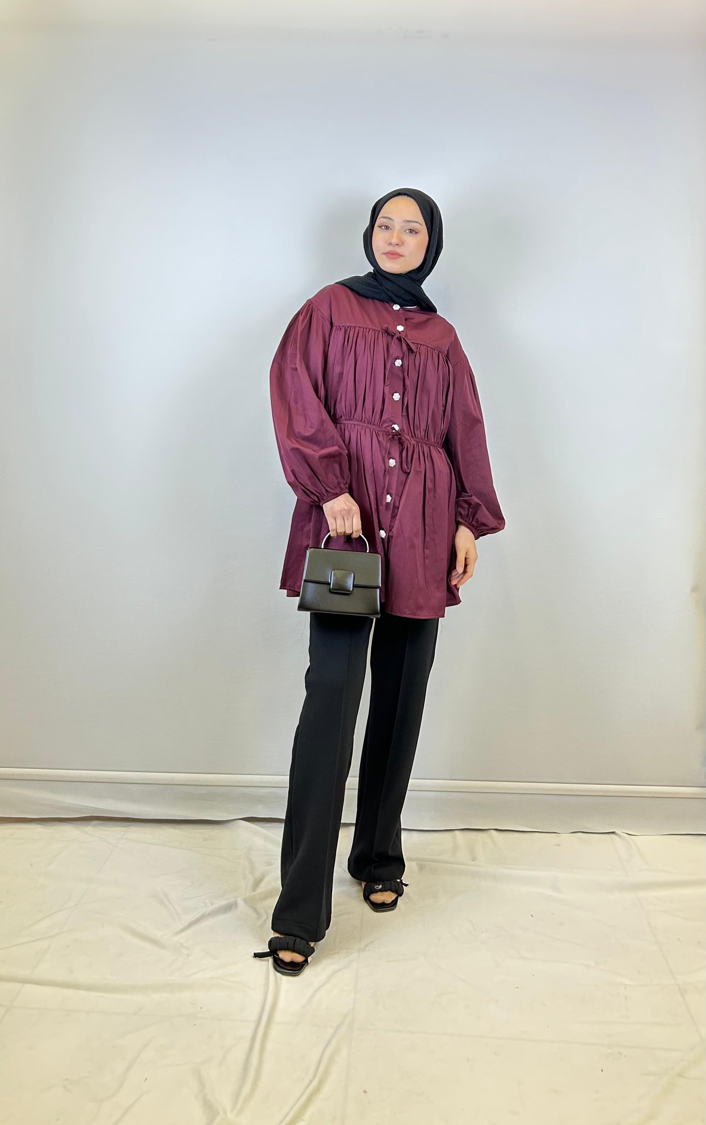 Çift Sıkmalı Gömlek - Bordo Mürdüm