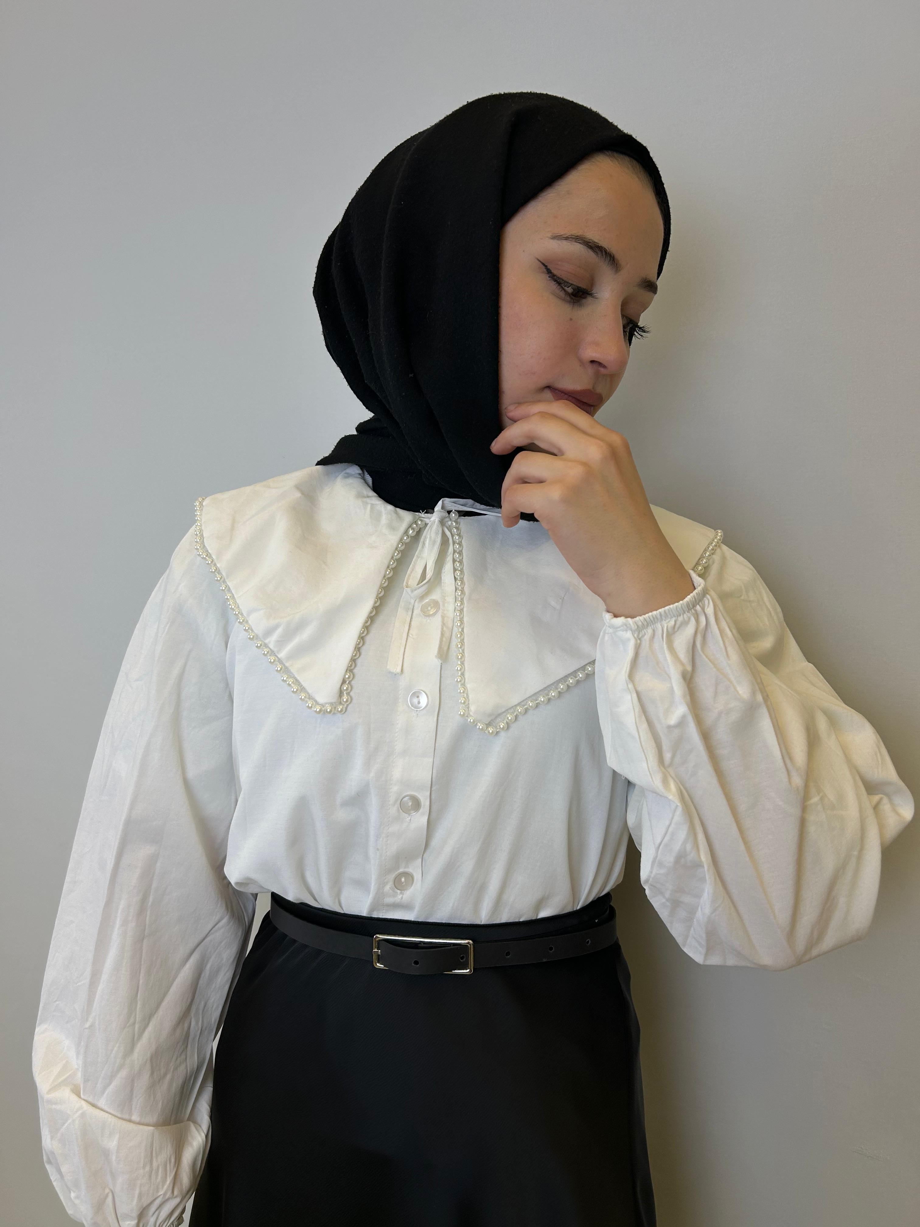 Bebe Yaka İnci Kısa Gömlek - Beyaz