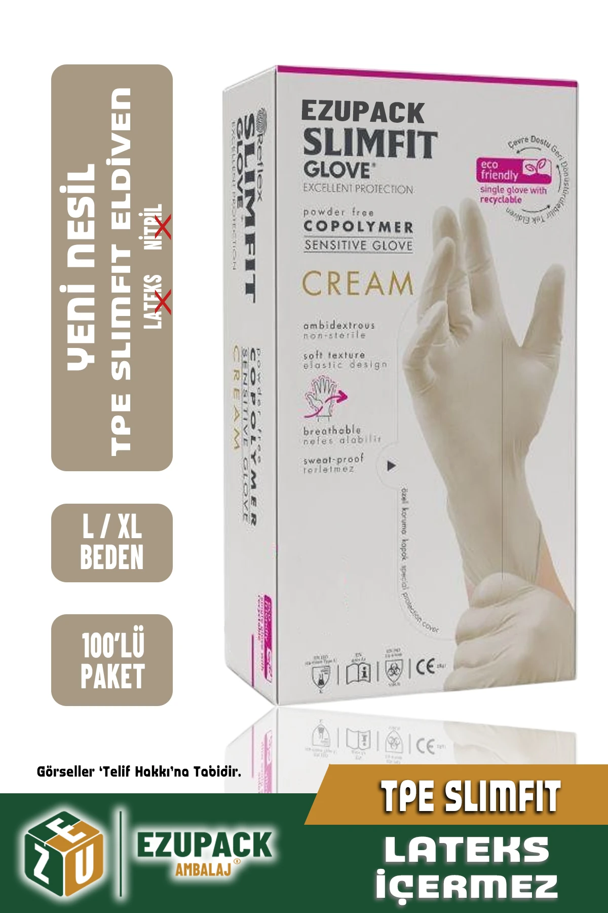 L Size Slimfit Glove Tpe Terletmez Gıda Muayene Pudrasız Medikal Temizlik Mutfak(Lateks Nitril Yok)