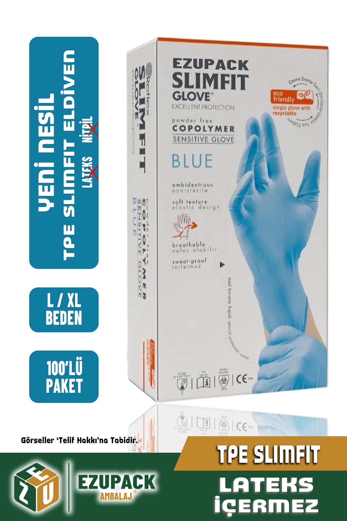 L Size Slimfit Glove Tpe Terletmez Gıda Muayene Pudrasız Medikal Temizlik Mutfak(Lateks Nitril Yok)