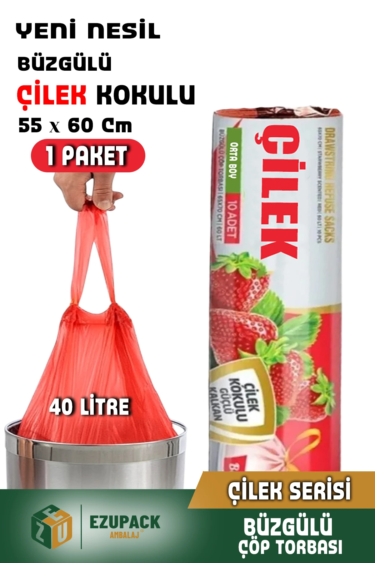 40 Lt ( 1 PAKET ) Avantaj Paket Orta Boy Çilek Kokulu Büzgülü Çöp Poşeti Çöp Torbası 10 Adet