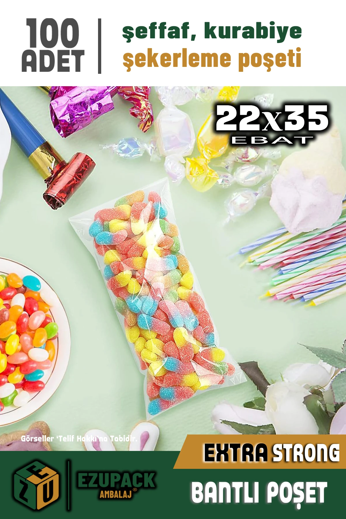 22X35 100Ad Kurabiye Şeker Parti Baby Shower Doğum günü Hediyelik Kendinden Yapışkanlı Jelatin Poşet