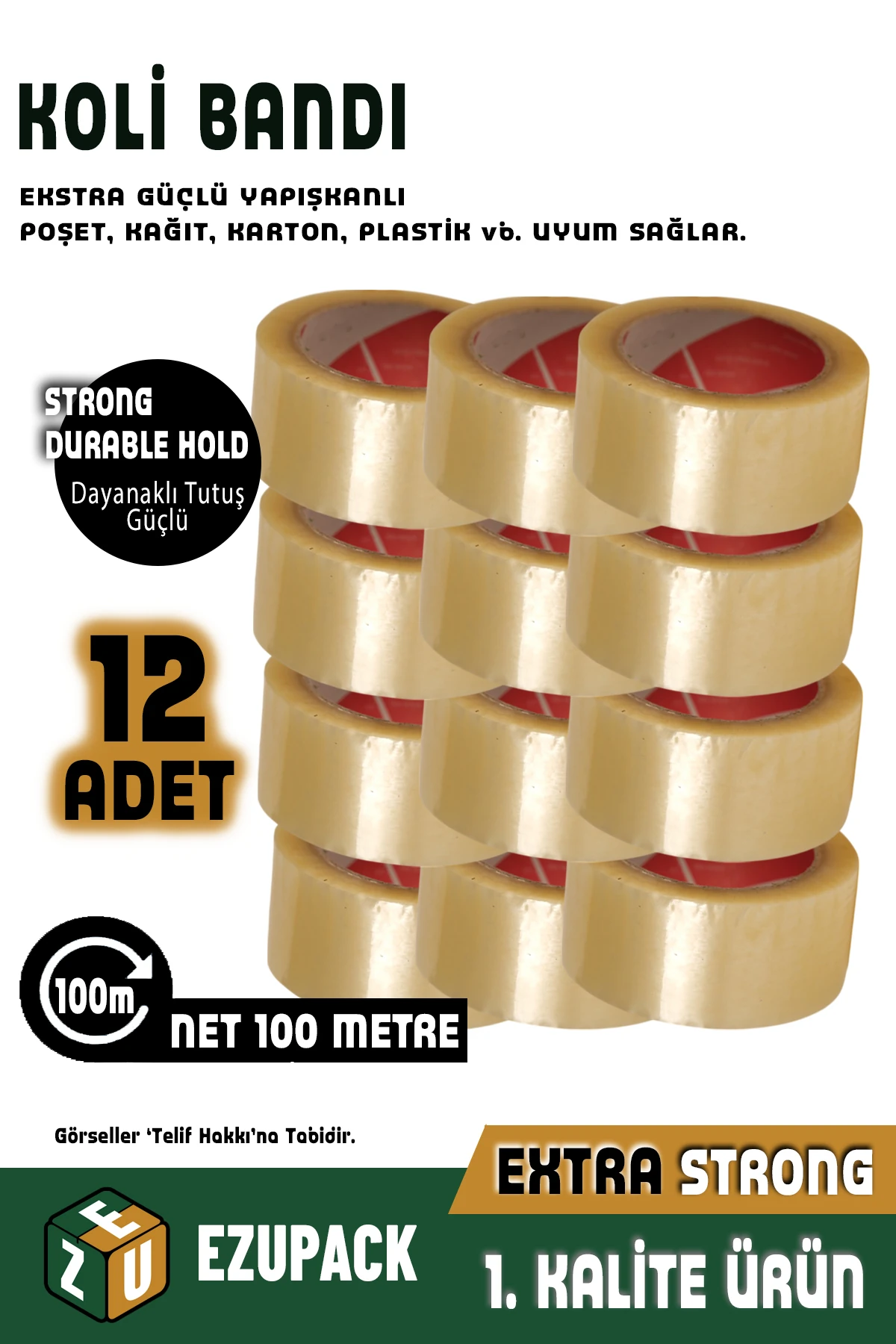 12 Adet 45x100mt Koli Bandı Taşınma Taşınma Kolisi Poşeti Kapama Bandı Ambalaj Streç Bant