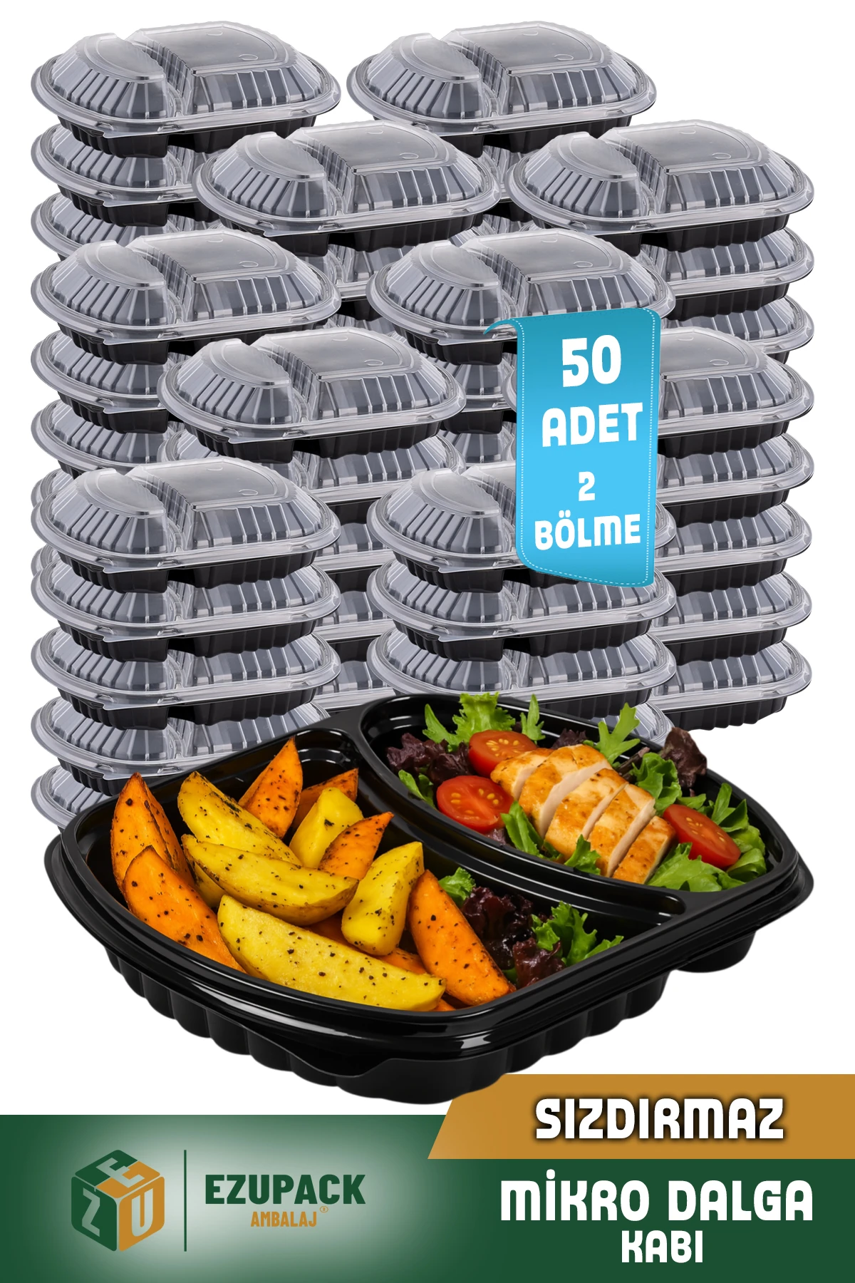50 Adet SIZDIRMAZ İki Göz Paket Servis Yemek Kabı Mikrodalga Derindorucu Dayanıklı Yıkanabilir