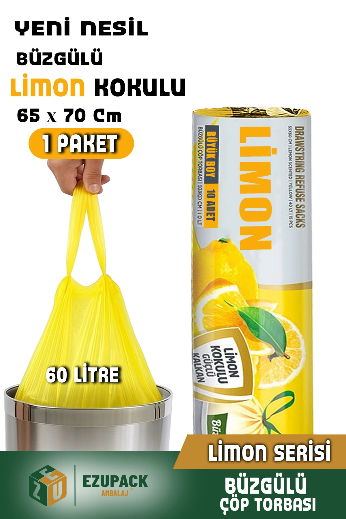 60 Lt ( 1 PAKET ) Avantaj Paket Büyük Boy Limon Kokulu Büzgülü Çöp Poşeti Çöp Torbası 10 Adet