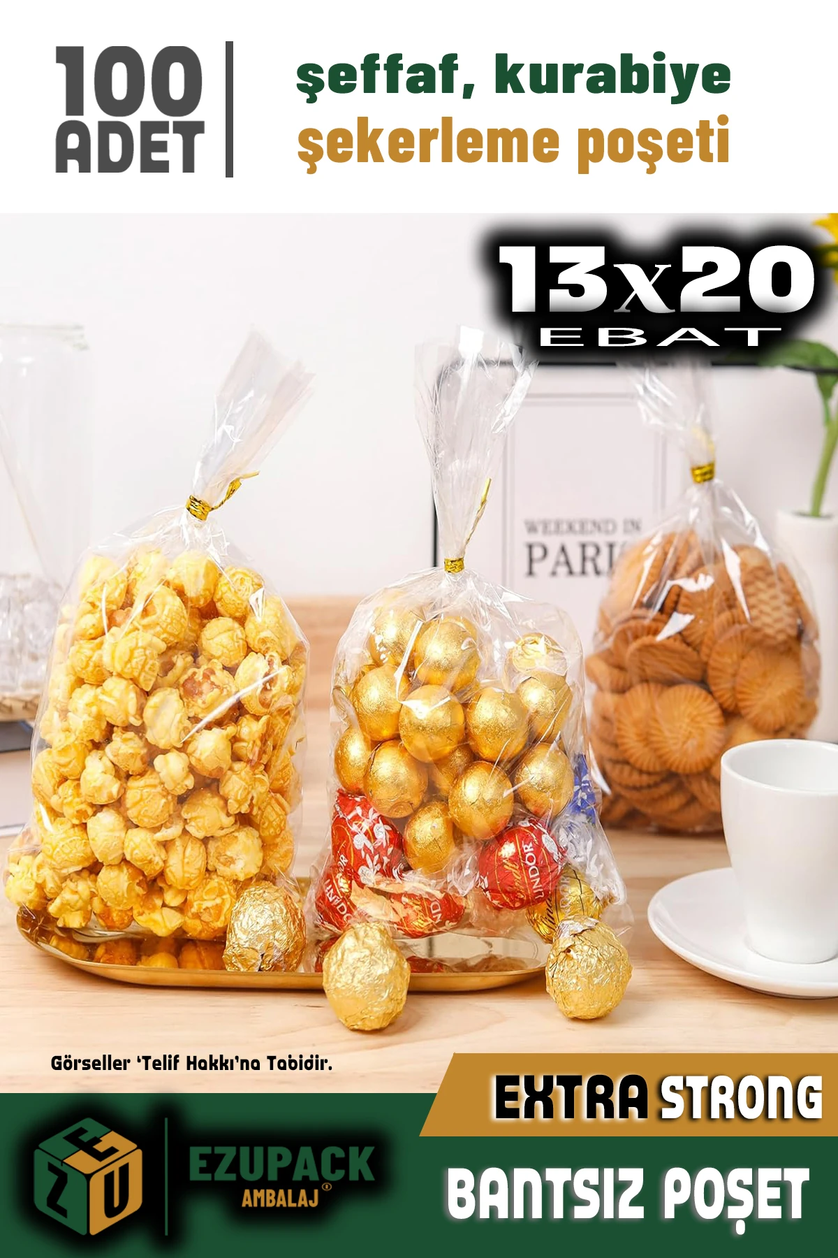 100 Adet 13x20Düz (BANTSIZ) Şeffaf Jelatin Parlak Kurabiye Aksesuar Poşeti Ambalaj Paketi