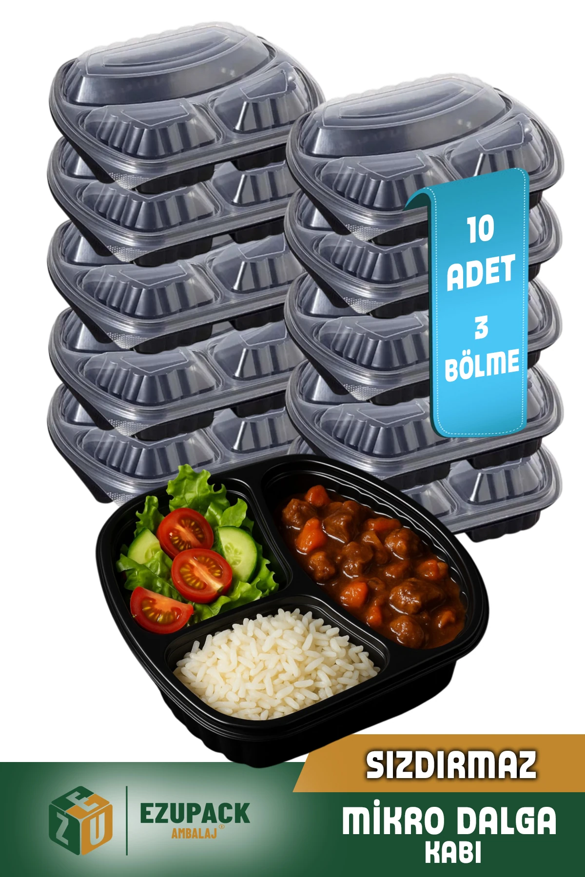 10 Adet SIZDIRMAZ 3 Üç Göz Paket Servis Yemek Kabı Mikrodalga Derindorucu Dayanıklı Yıkanabilir