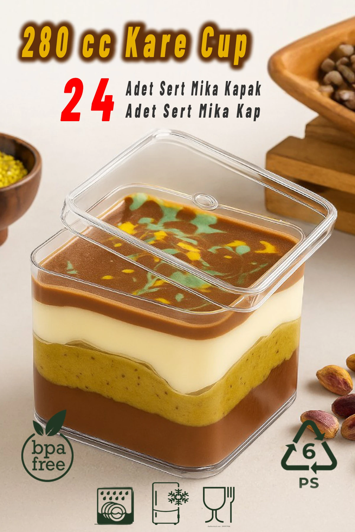 24'lü Kare Tiramisu Cup 280cc Mika Kase Plastik Şeffaf Kapaklı Sunum Kabı Tatlı & Meze Ve Salata Kap