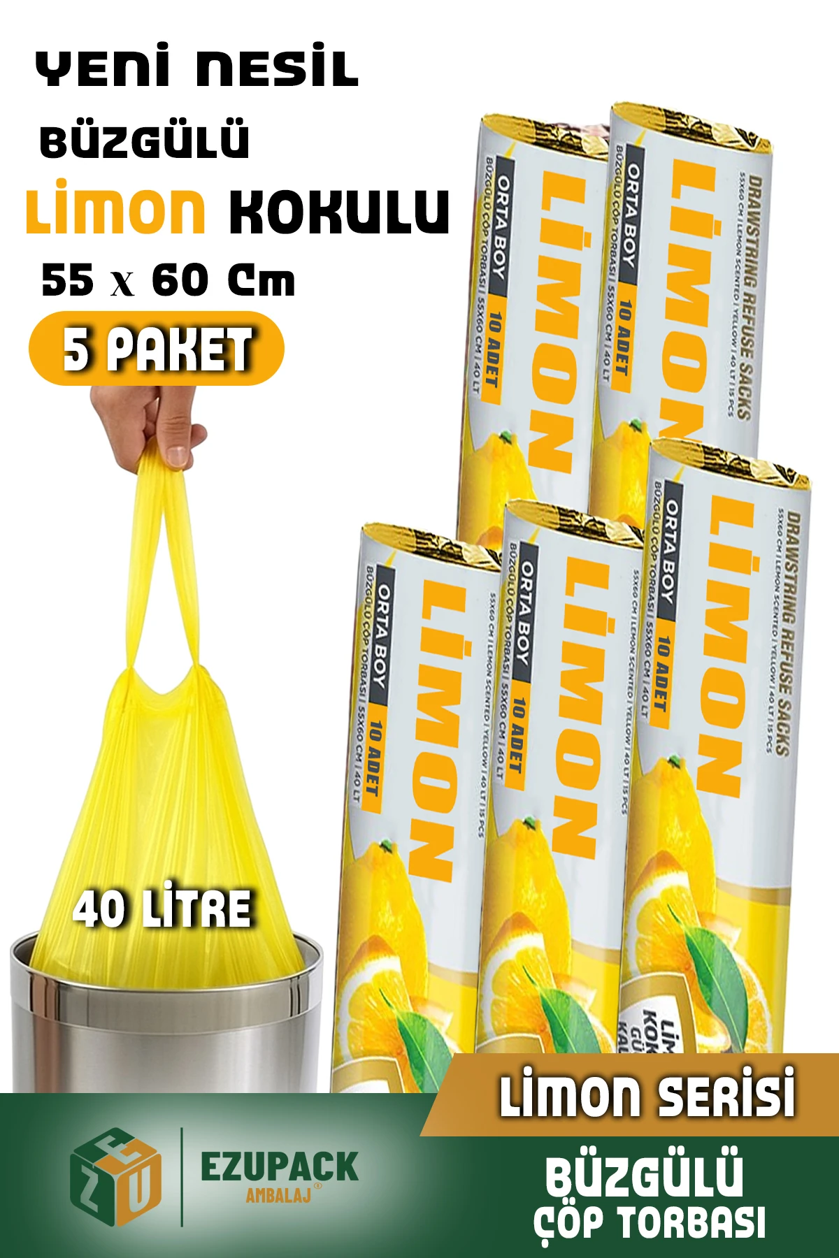 40 Lt ( 5 PAKET ) Avantaj Paket Orta Boy Limon Kokulu Büzgülü Çöp Poşeti Çöp Torbası 50 Adet