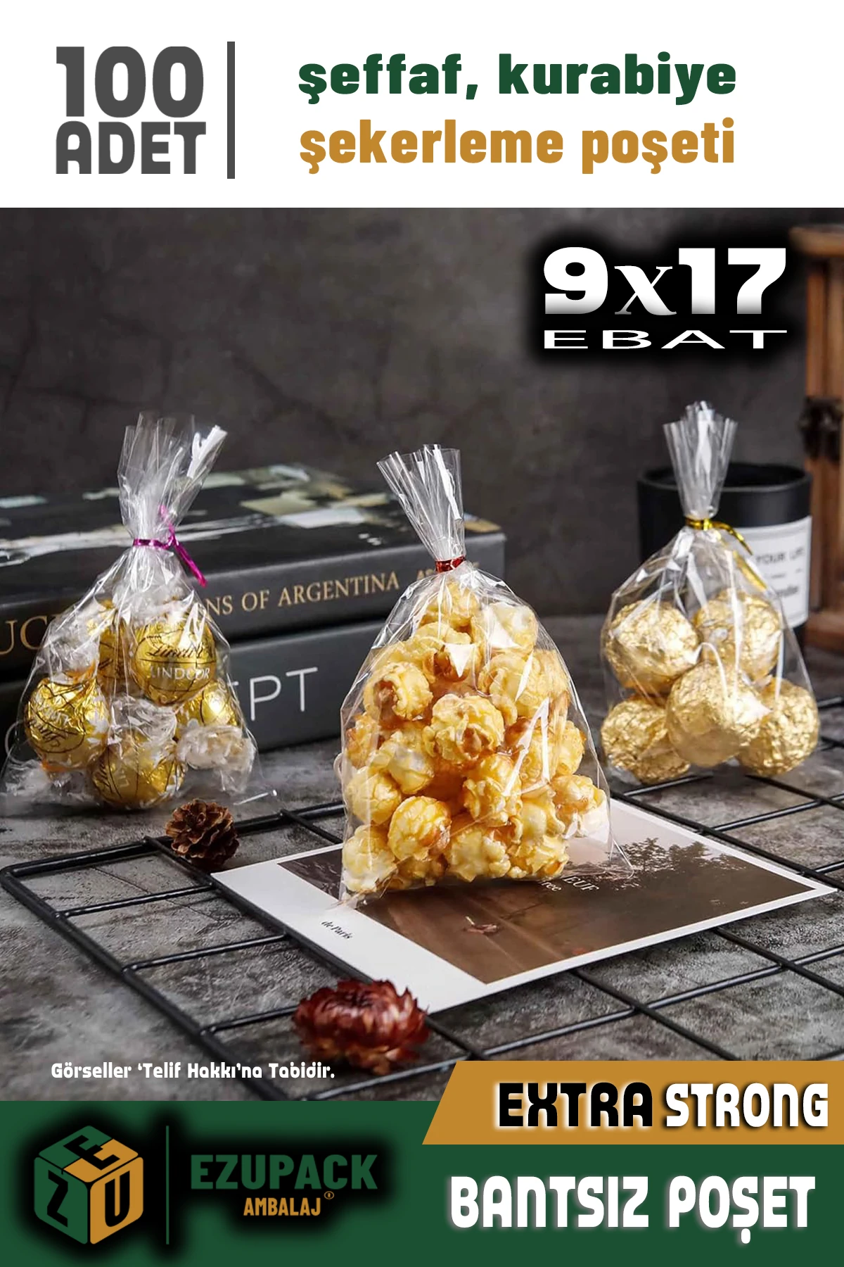 100 Adet 9x17 Düz (BANTSIZ) Şeffaf Jelatin Parlak Kurabiye Aksesuar Poşeti Ambalaj Paketi