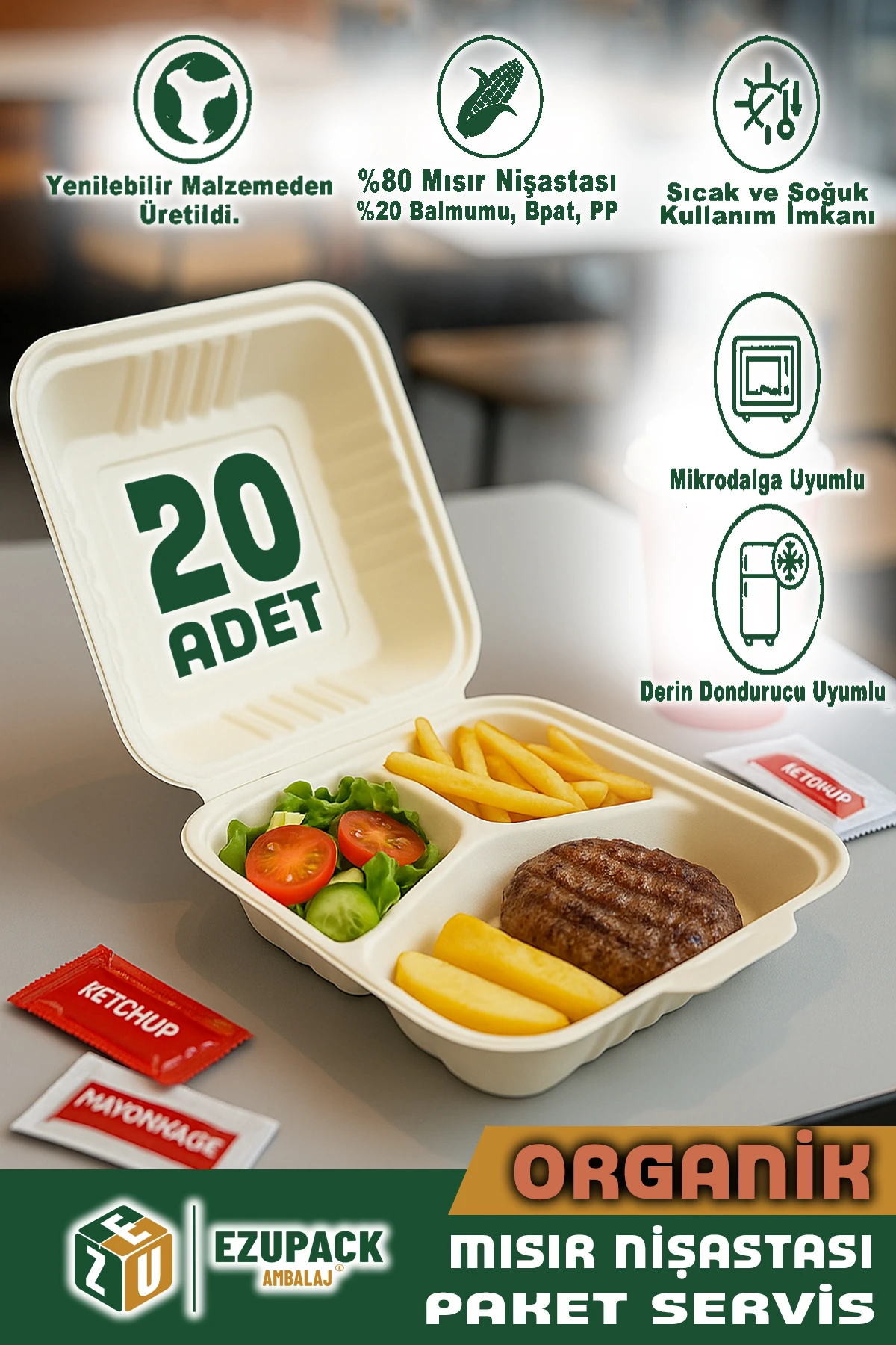 20 Adet ORGANİK 3 Üç Göz Paket Servis Yemek Kabı Mikrodalga Derindorucu Dayanıklı Yıkanabilir