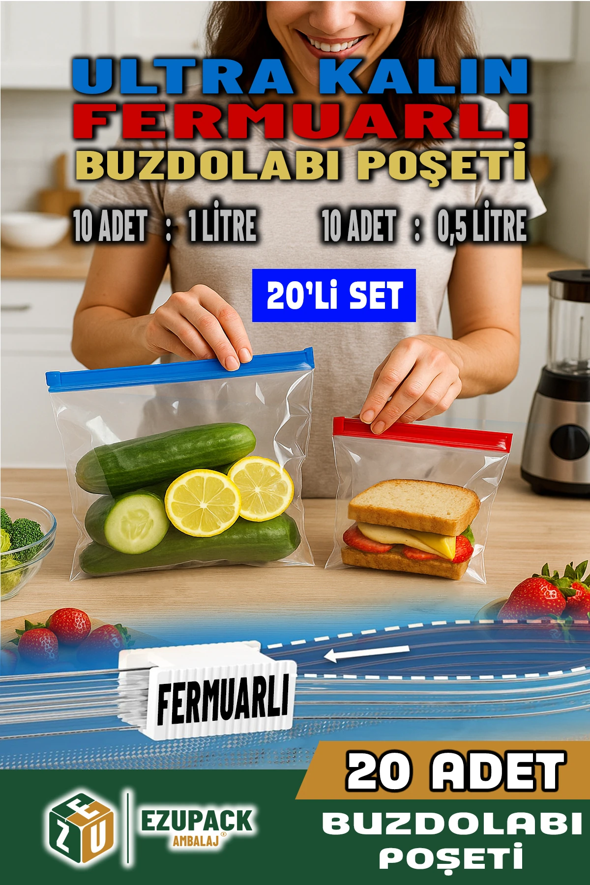 20 Adet FERMUARLI Difriz Derin Dondurucu Buzdolabı Poşeti Buzluk Düzenleyici Organizer Saklama Kabı