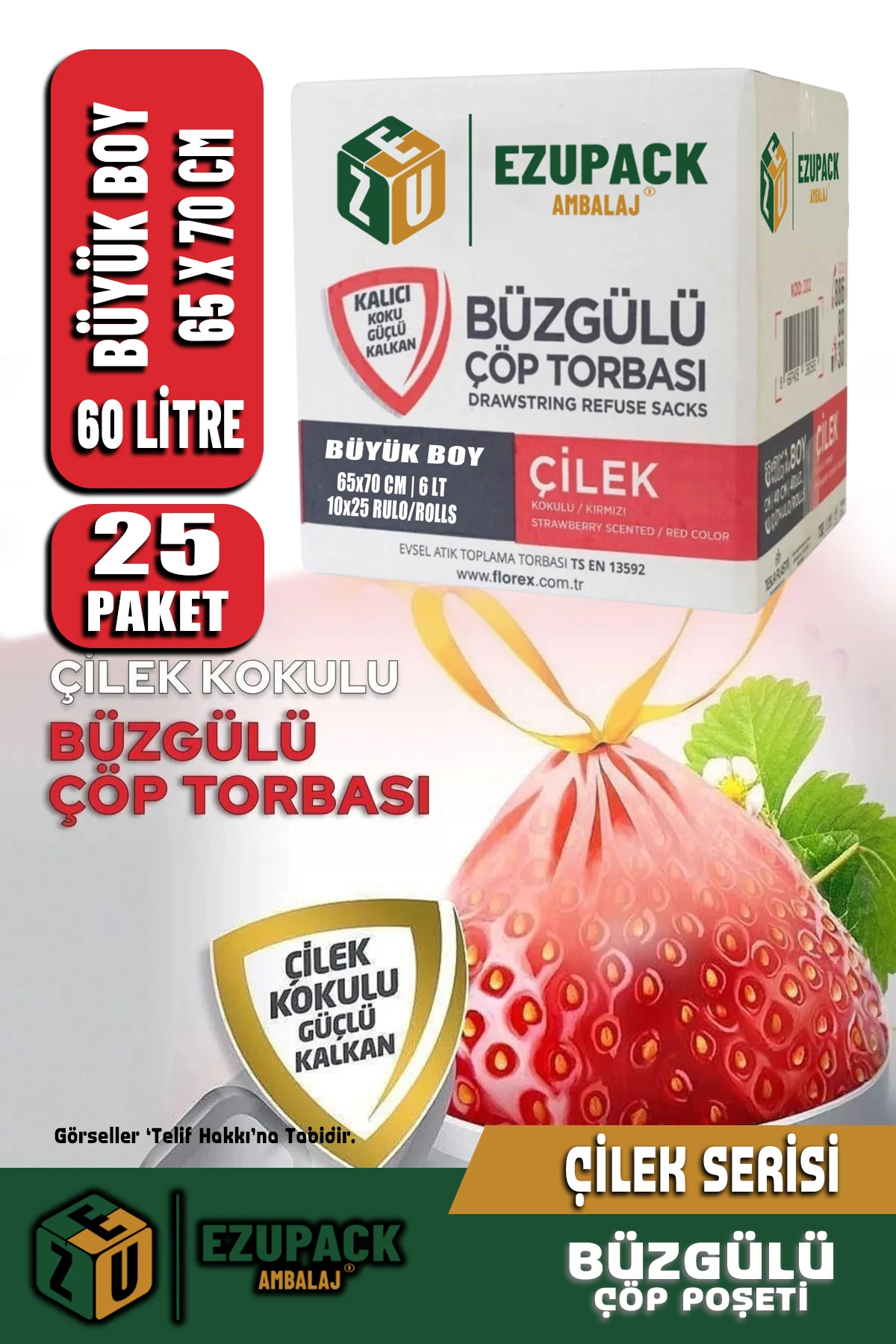 60 Lt ( 25 PAKET ) Avantaj Paket Büyük Boy Çilek Kokulu Büzgülü Çöp Poşeti Çöp Torbası 250 Adet