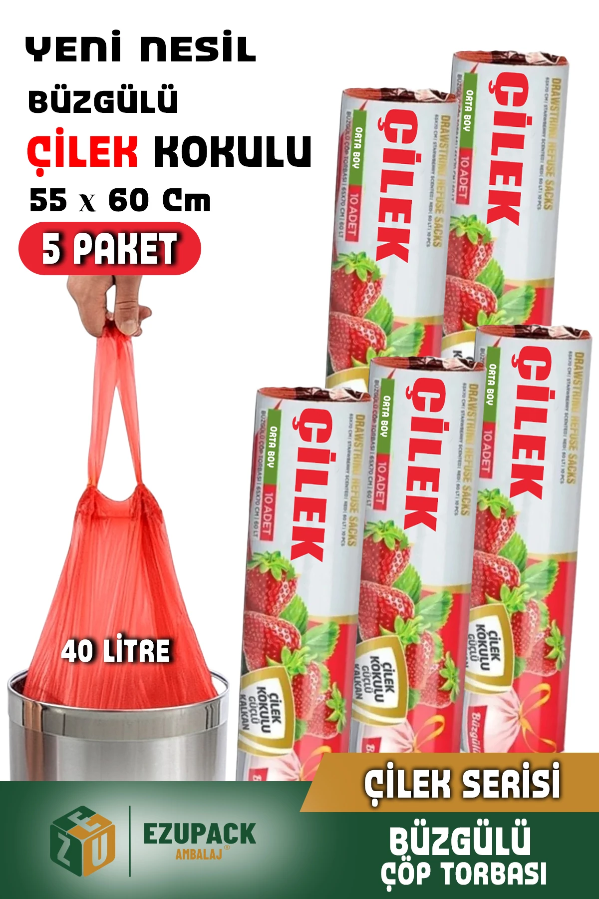 40 Lt ( 5 PAKET ) Avantaj Paket Orta Boy Çilek Kokulu Büzgülü Çöp Poşeti Çöp Torbası 50 Adet