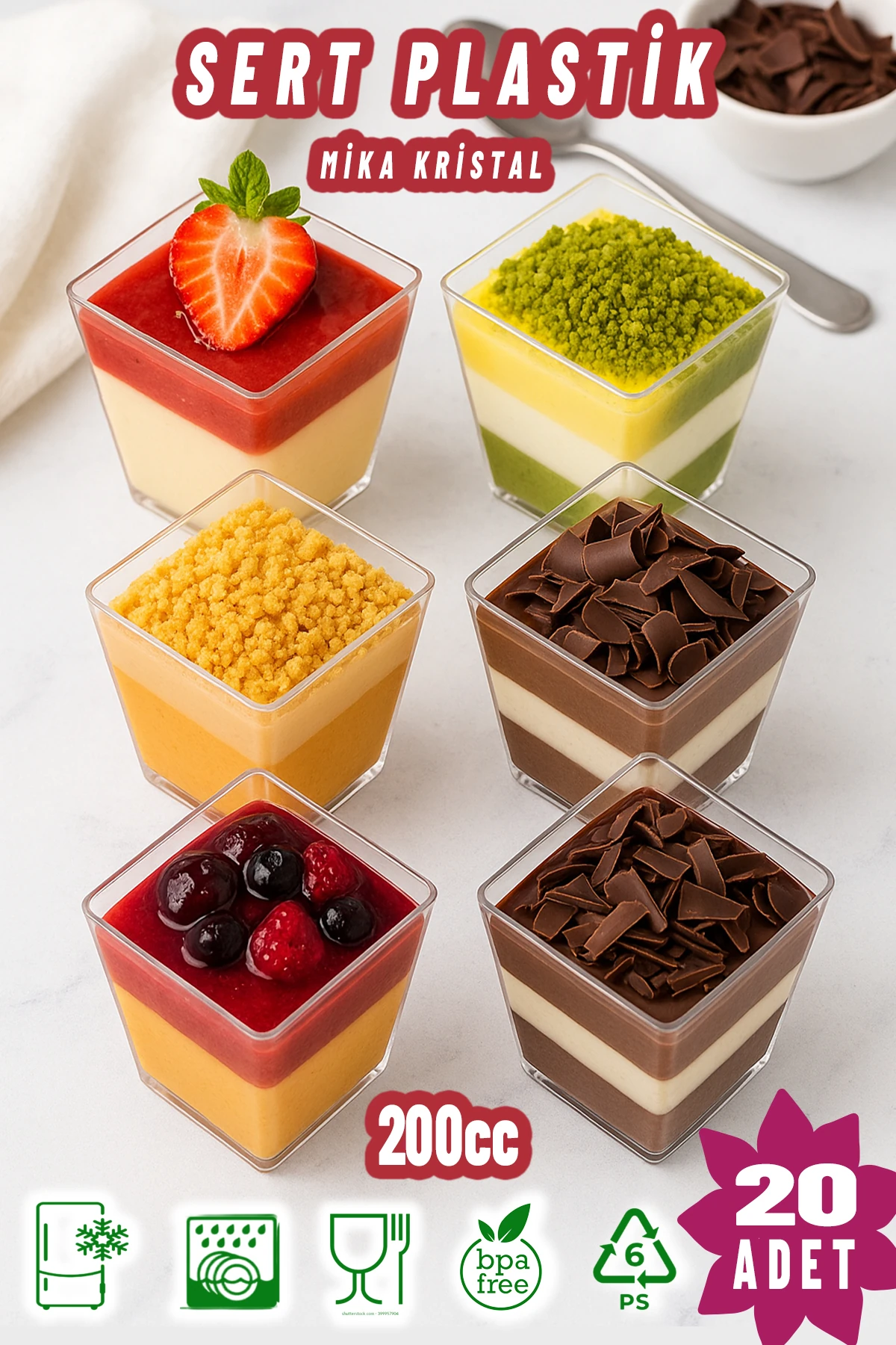 20'li 200Cc Kübik Prizma Mika Magnolya Kase Plastik Tatlı Sunum Kabı Dondurma Puding Meze Salata Cup