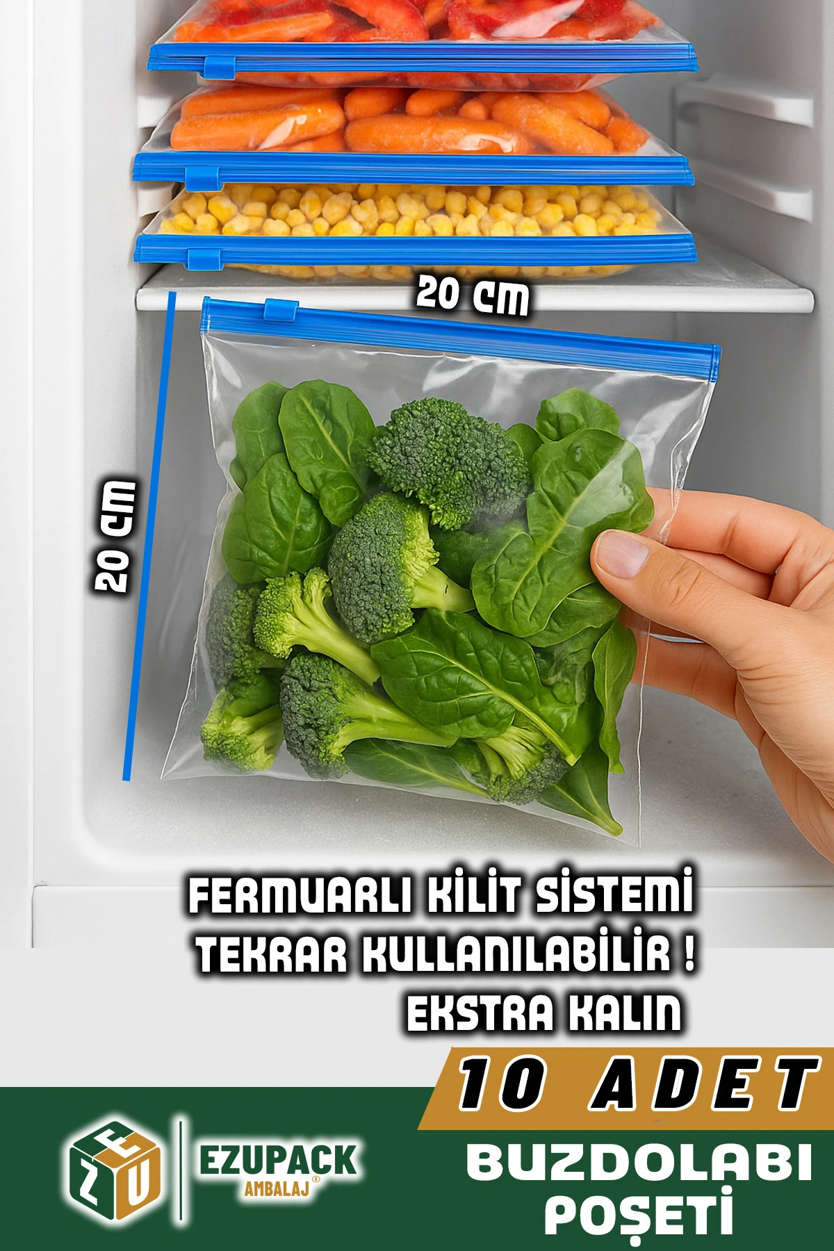 20x20cm FERMUARLI Difriz Derin Dondurucu Buzdolabı Poşeti Buzluk Düzenleyici Organizer Saklama Kabı