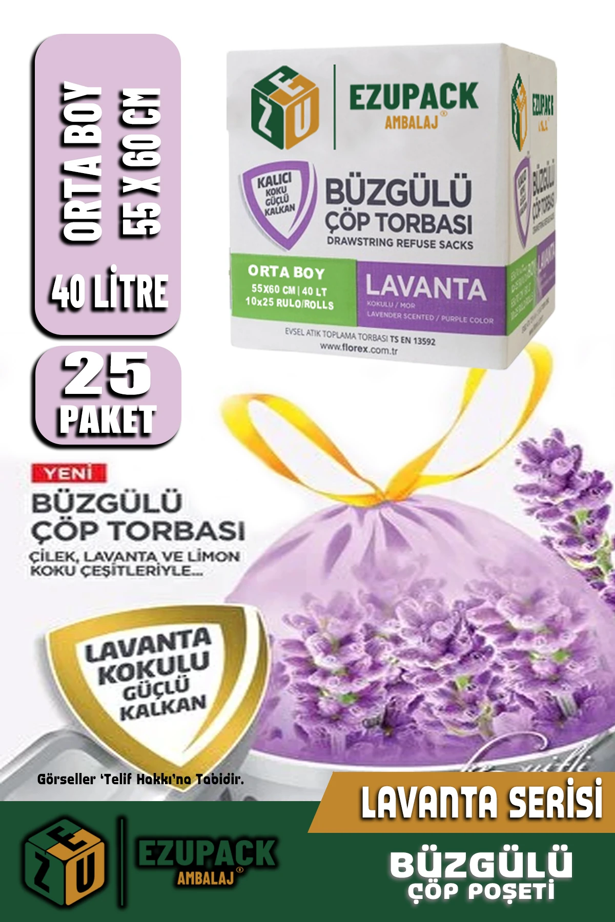 40 Lt ( 25 PAKET ) Avantaj Paket Orta Boy Lavanta Kokulu Büzgülü Çöp Poşeti Çöp Torbası 250 Adet
