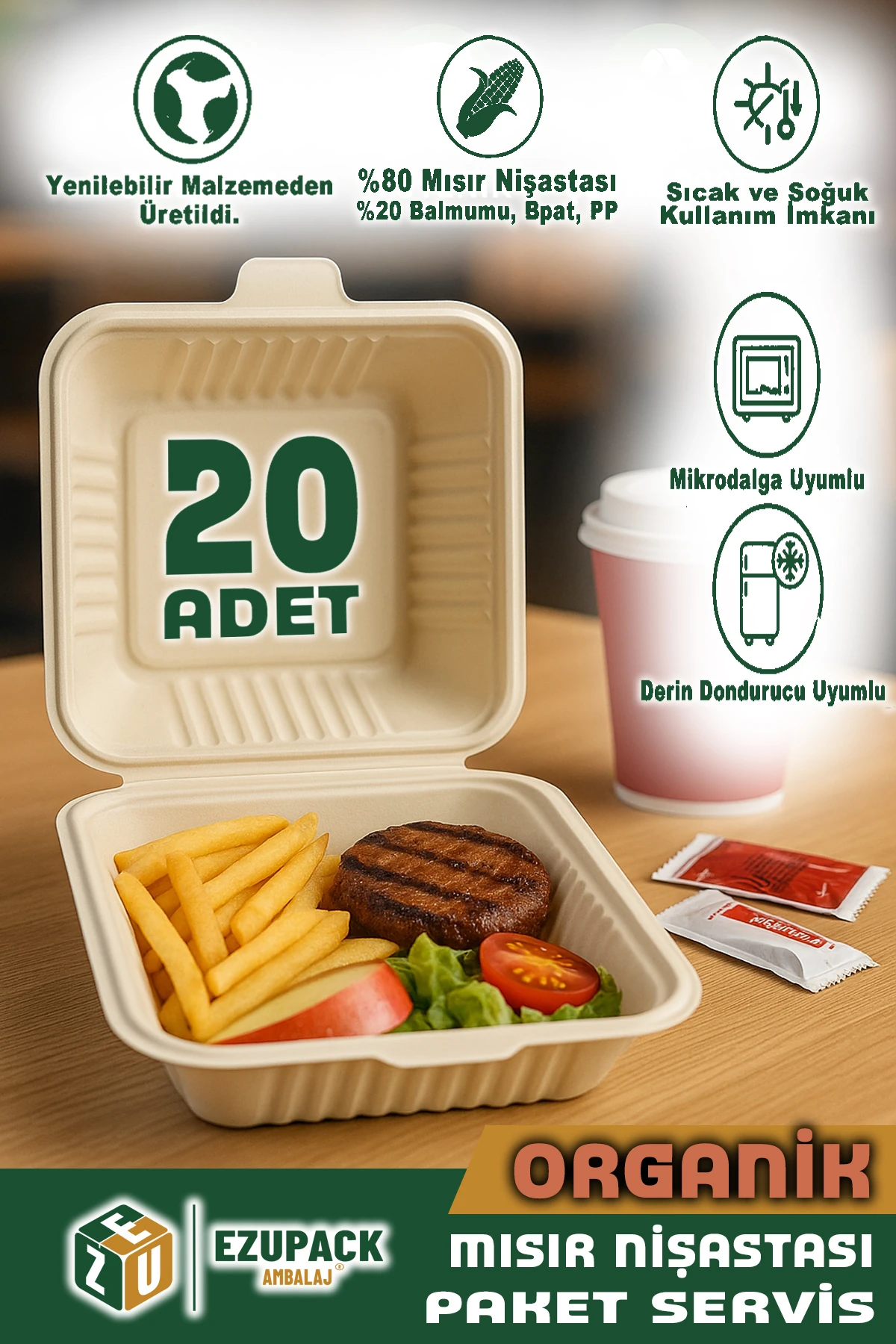 20 Adet ORGANİK Tek Göz Paket Servis Yemek Kabı Mikrodalga Derindorucu Dayanıklı Yıkanabilir