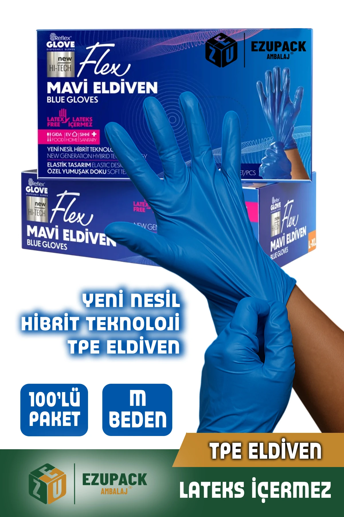 M Beden Glove Flex Tpe Eldiven 100'lü Gıda Pudrasız Medikal Temizlik Mutfak (Lateks Nitril İçermez)
