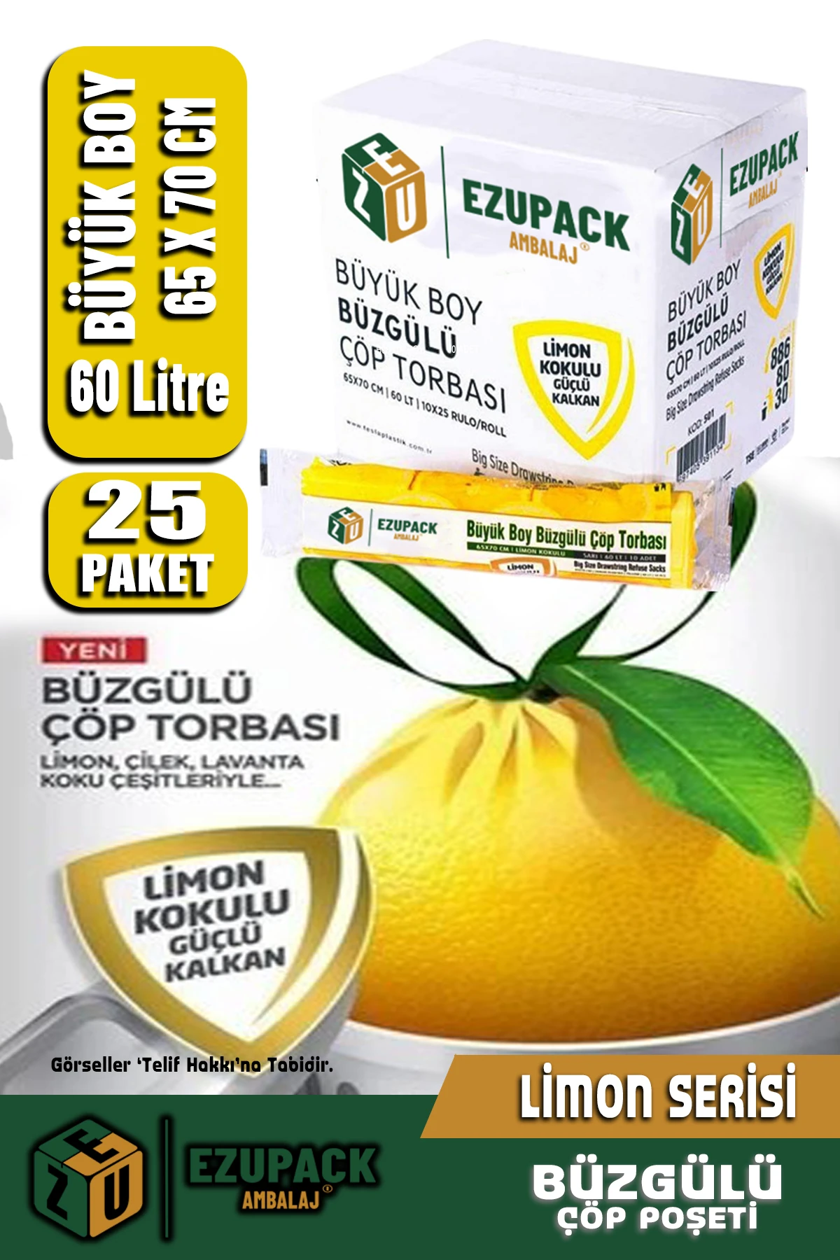 60 Lt ( 25 PAKET ) Avantaj Paket Büyük Boy Limon Kokulu Büzgülü Çöp Poşeti Çöp Torbası 250 Adet