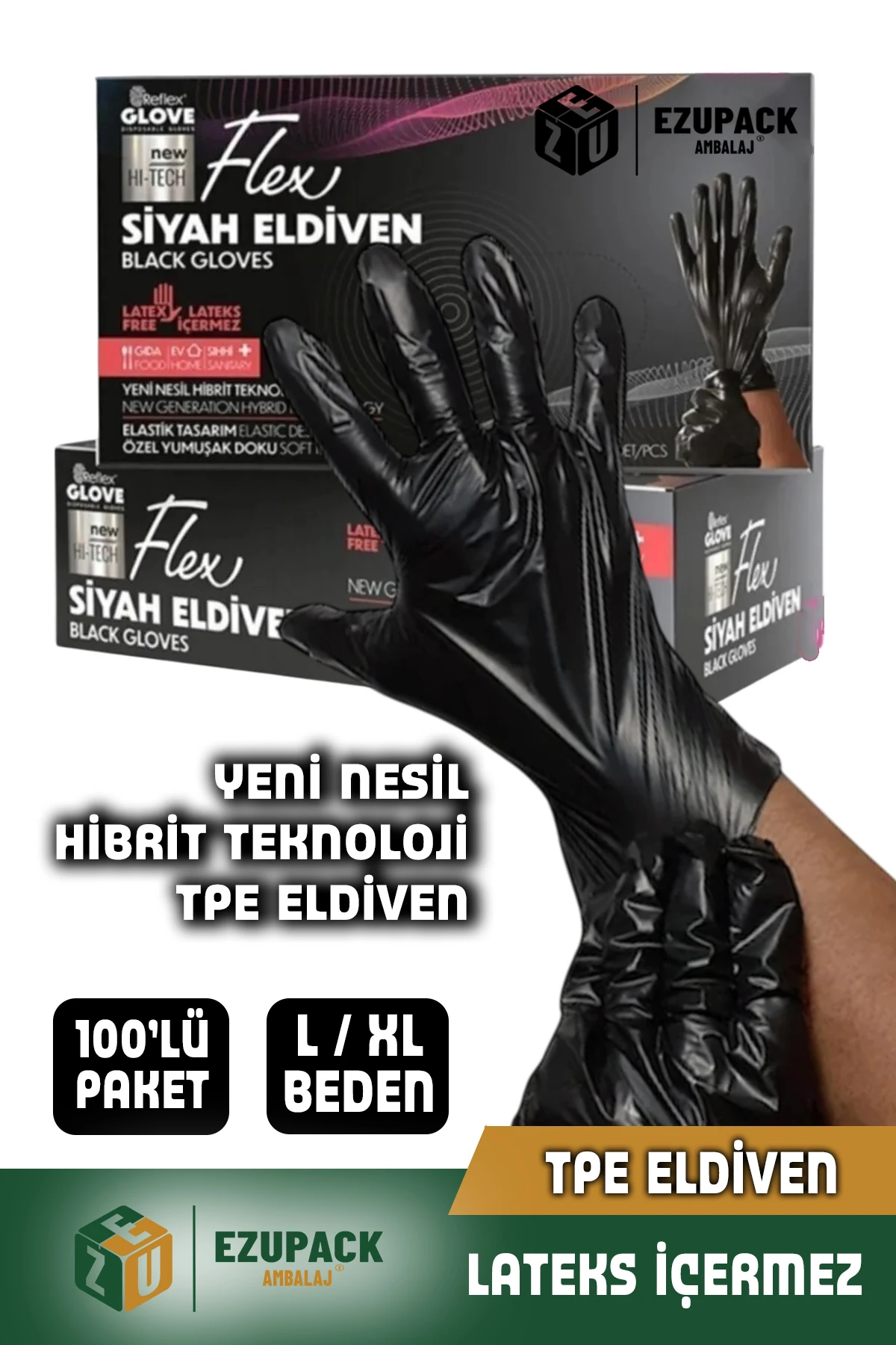 L Beden Glove Flex Tpe Eldiven 100'lü Gıda Pudrasız Medikal Temizlik Mutfak (Lateks Nitril İçermez)