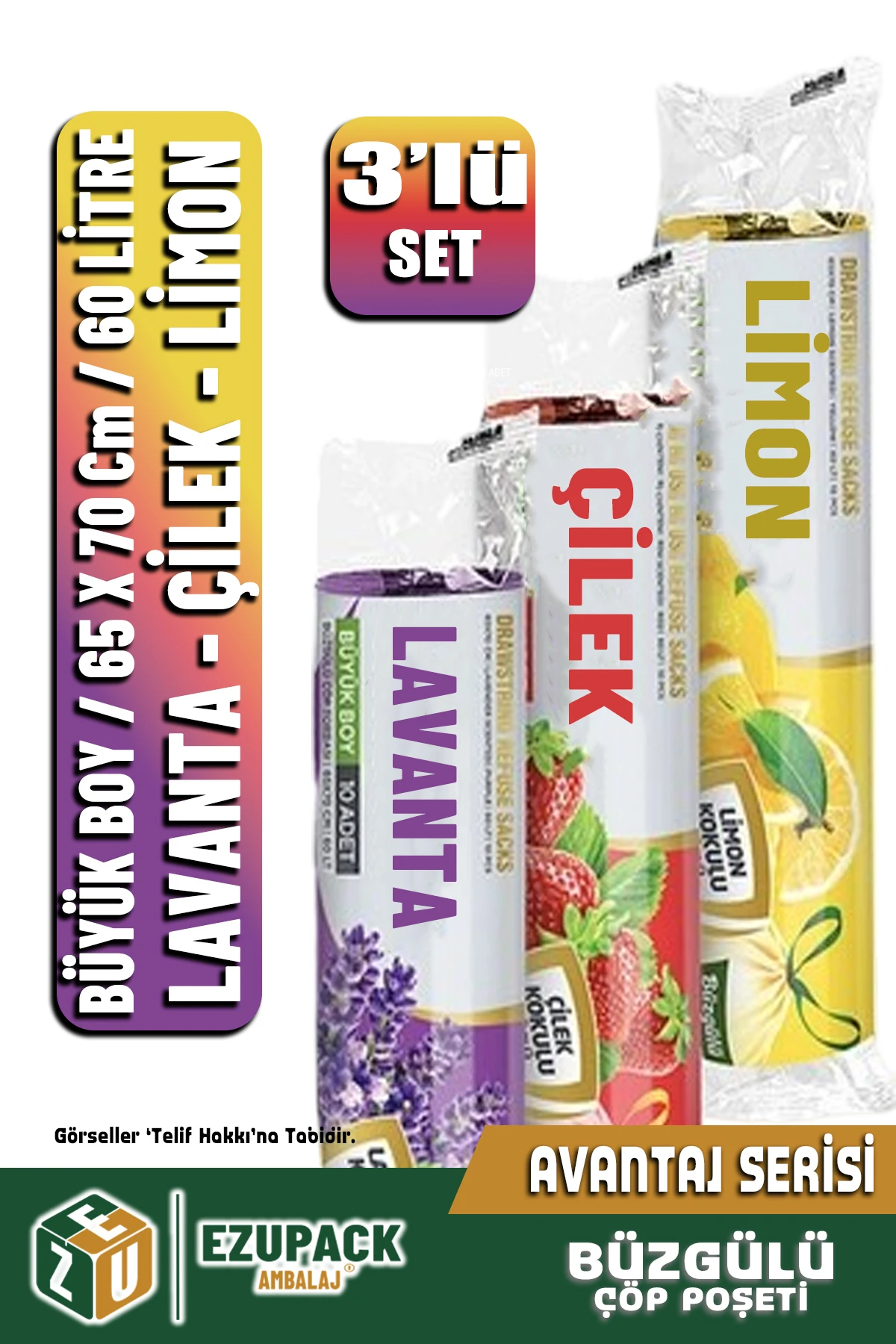 60 Lt 3lü Set Avantaj Büyük Boy Lavanta Çilek Limon Kokulu Büzgülü Çöp Poşeti Çöp Torbası 30 Adet
