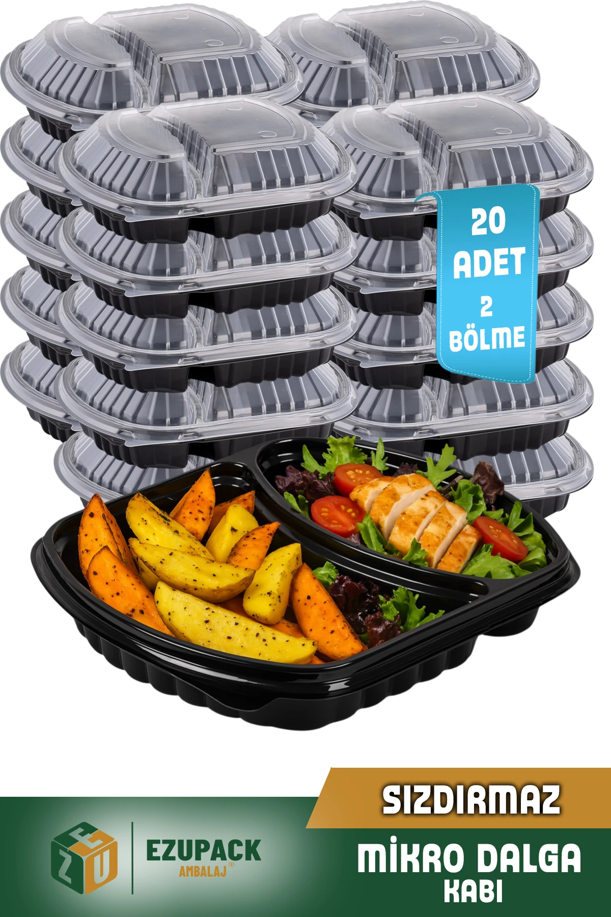 20 Adet SIZDIRMAZ İki Göz Paket Servis Yemek Kabı Mikrodalga Derindorucu Dayanıklı Yıkanabilir