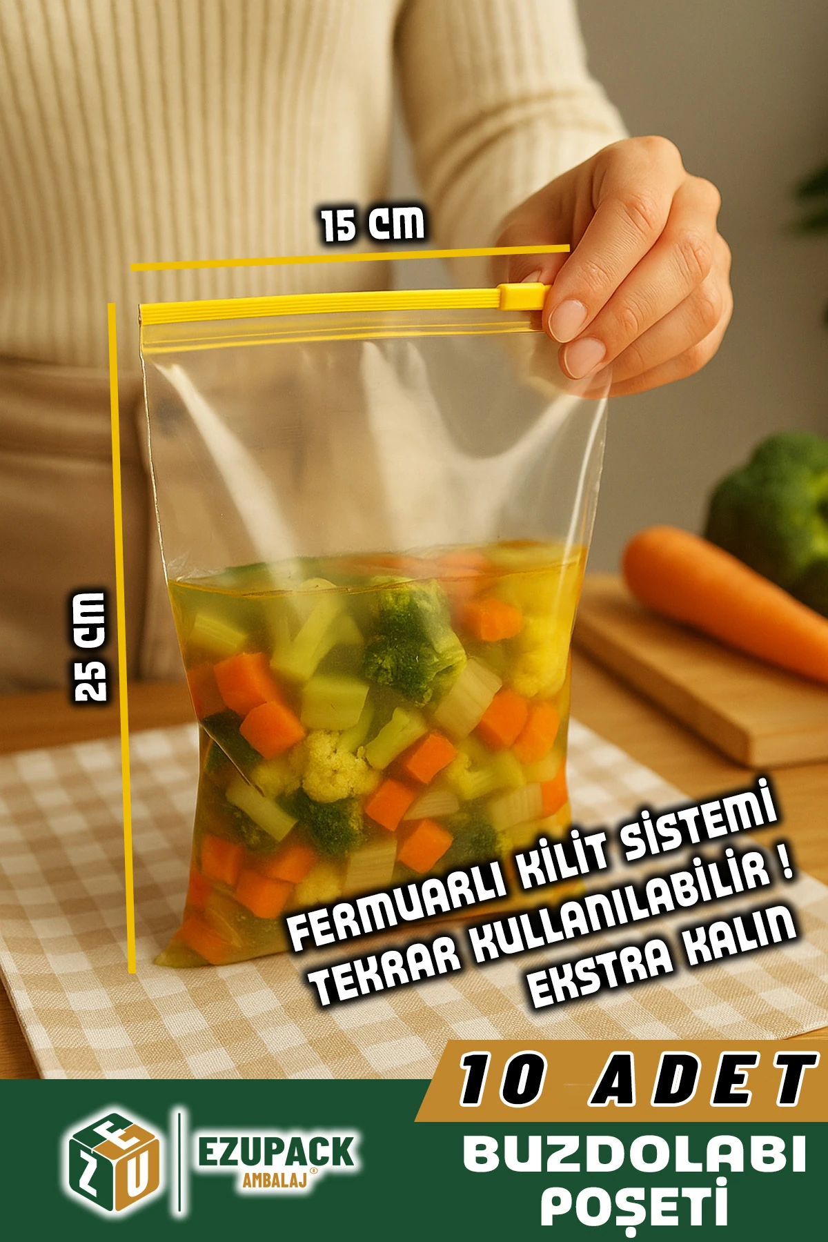 15x25cm FERMUARLI Difriz Derin Dondurucu Buzdolabı Poşeti Buzluk Düzenleyici Organizer Saklama Kabı