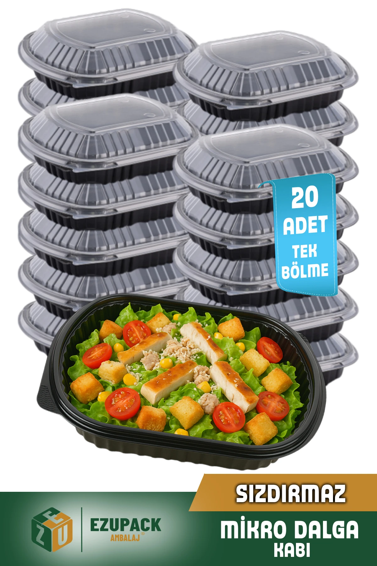 20 Adet SIZDIRMAZ Tek Göz Paket Servis Yemek Kabı Mikrodalga Derindorucu Dayanıklı Yıkanabilir