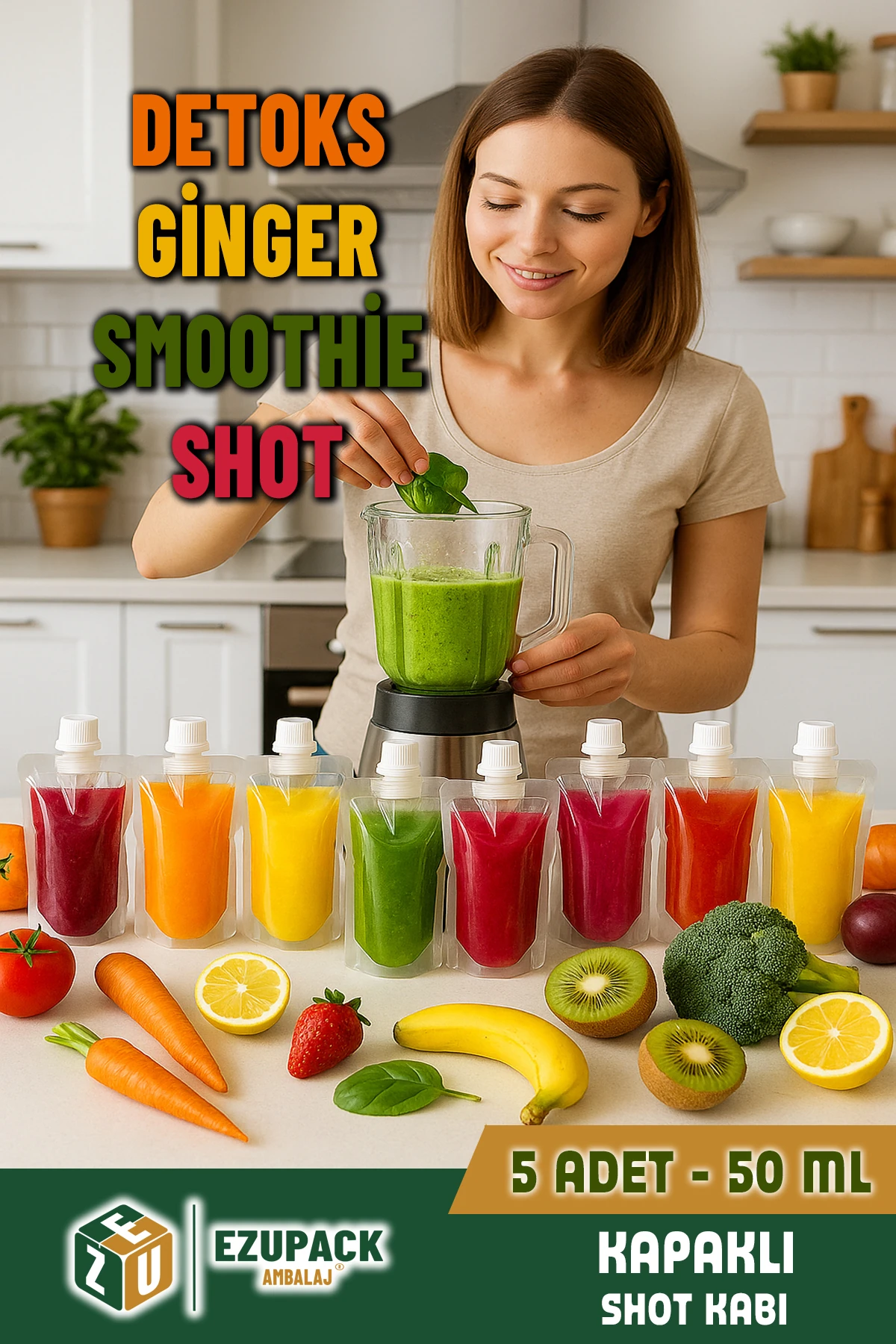 Smoothie Detoks Ginger Şeffaf Plastik Sızdırmaz Kapak Organik Meyve Suyu Meybuz Doypack Ambalaj Kabı