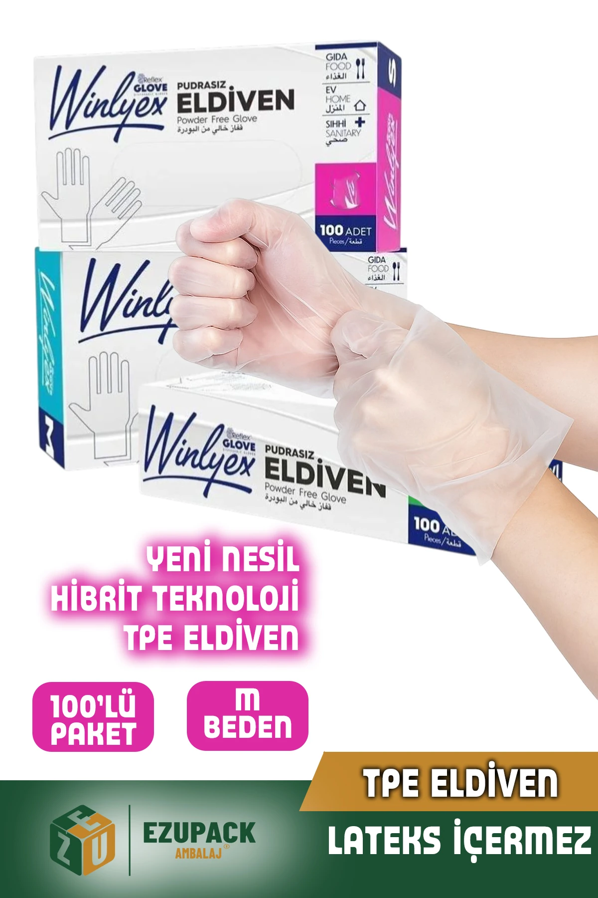 M Beden Winlyex 100'lü Gıda Muayene Pudrasız Medikal Temizlik Mutfak Saç Boyama Eldiveni