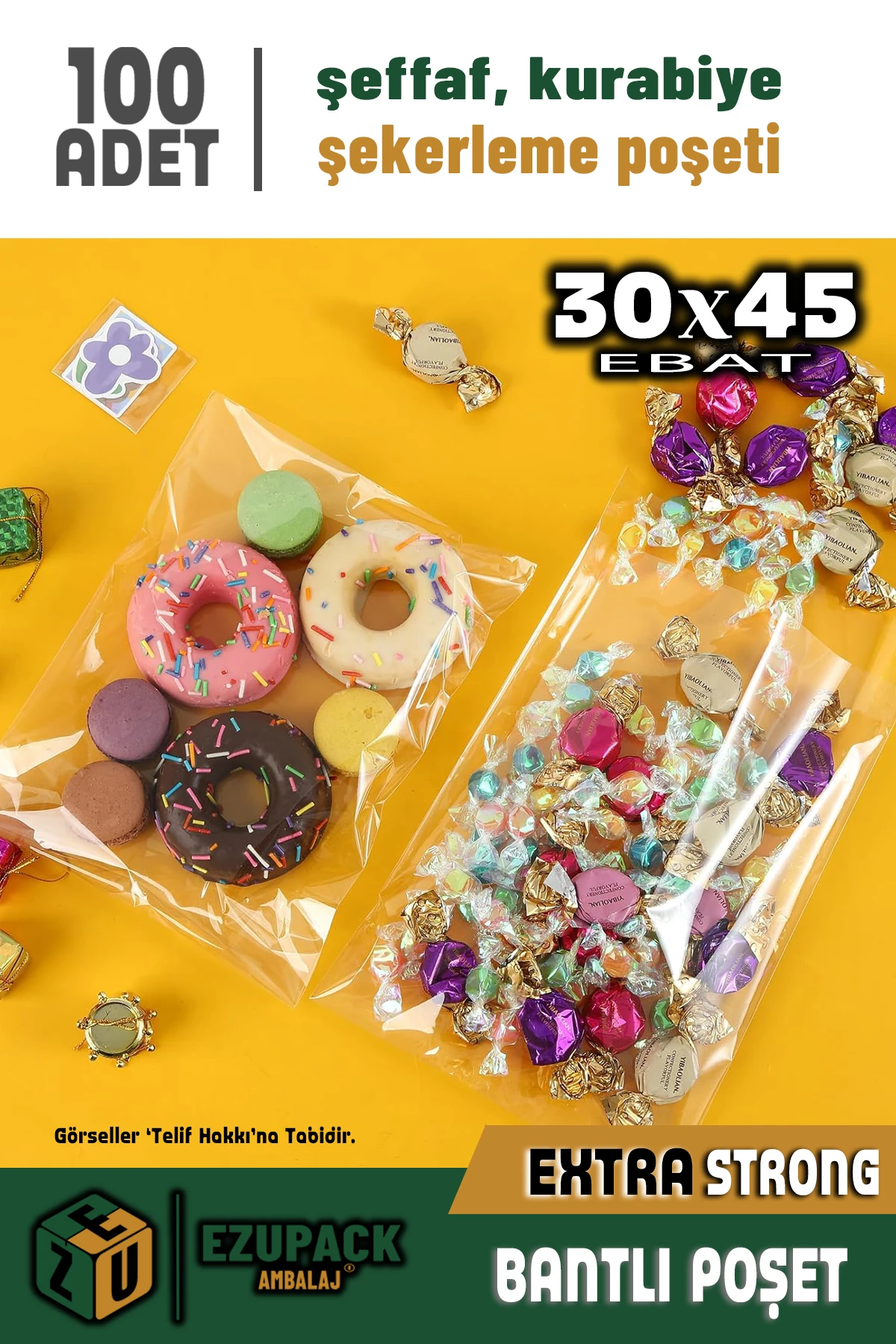 30X45 100Ad Kurabiye Şeker Parti Baby Shower Doğum günü Hediyelik Kendinden Yapışkanlı Jelatin Poşet