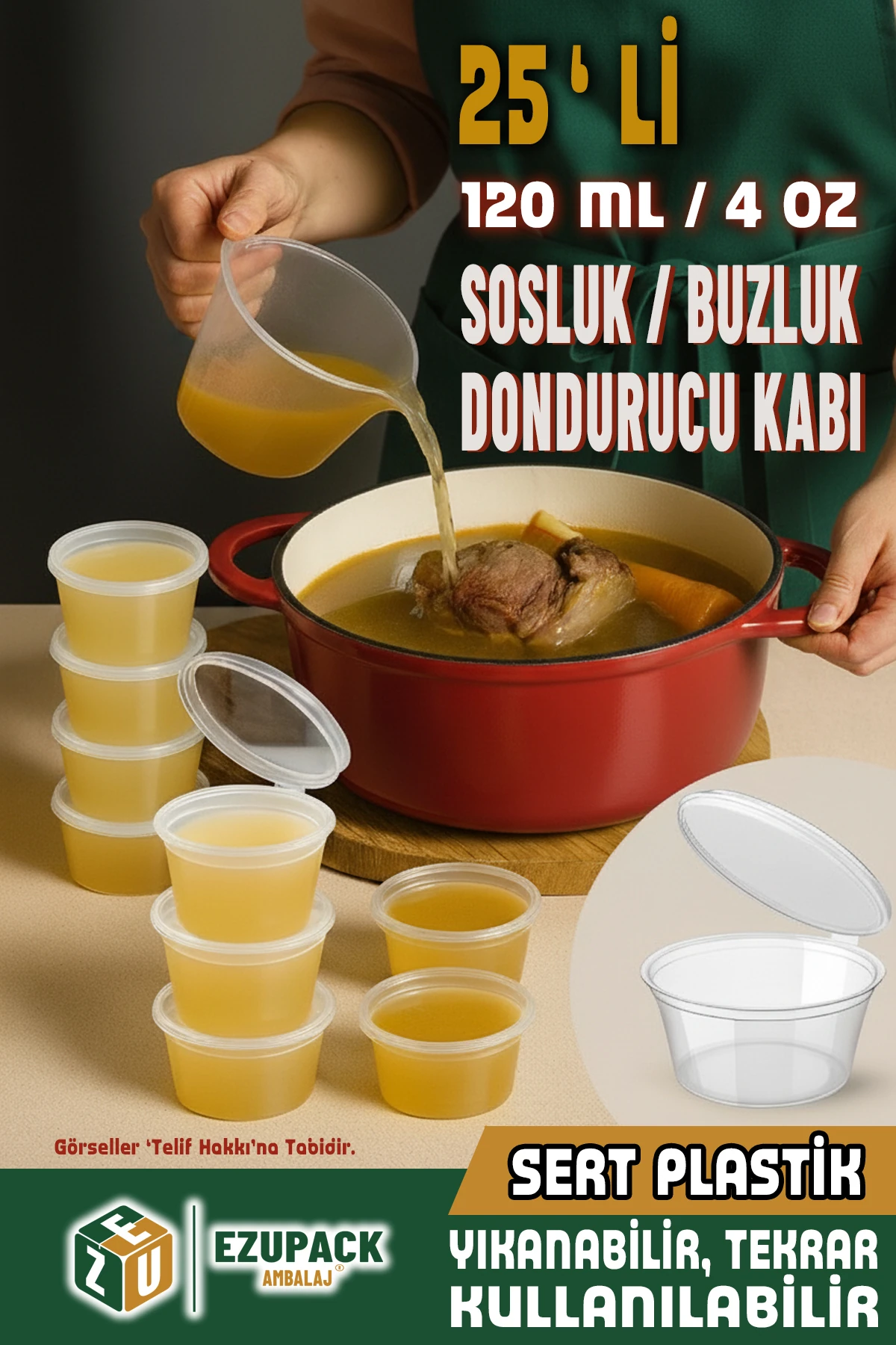 25 Adet Sızdırmaz 120 ml Mini Saklama Kabı Sosluk Buzluk Kabı, Et Suyu, Kemik Suyu, Sos Kabı Mutfak