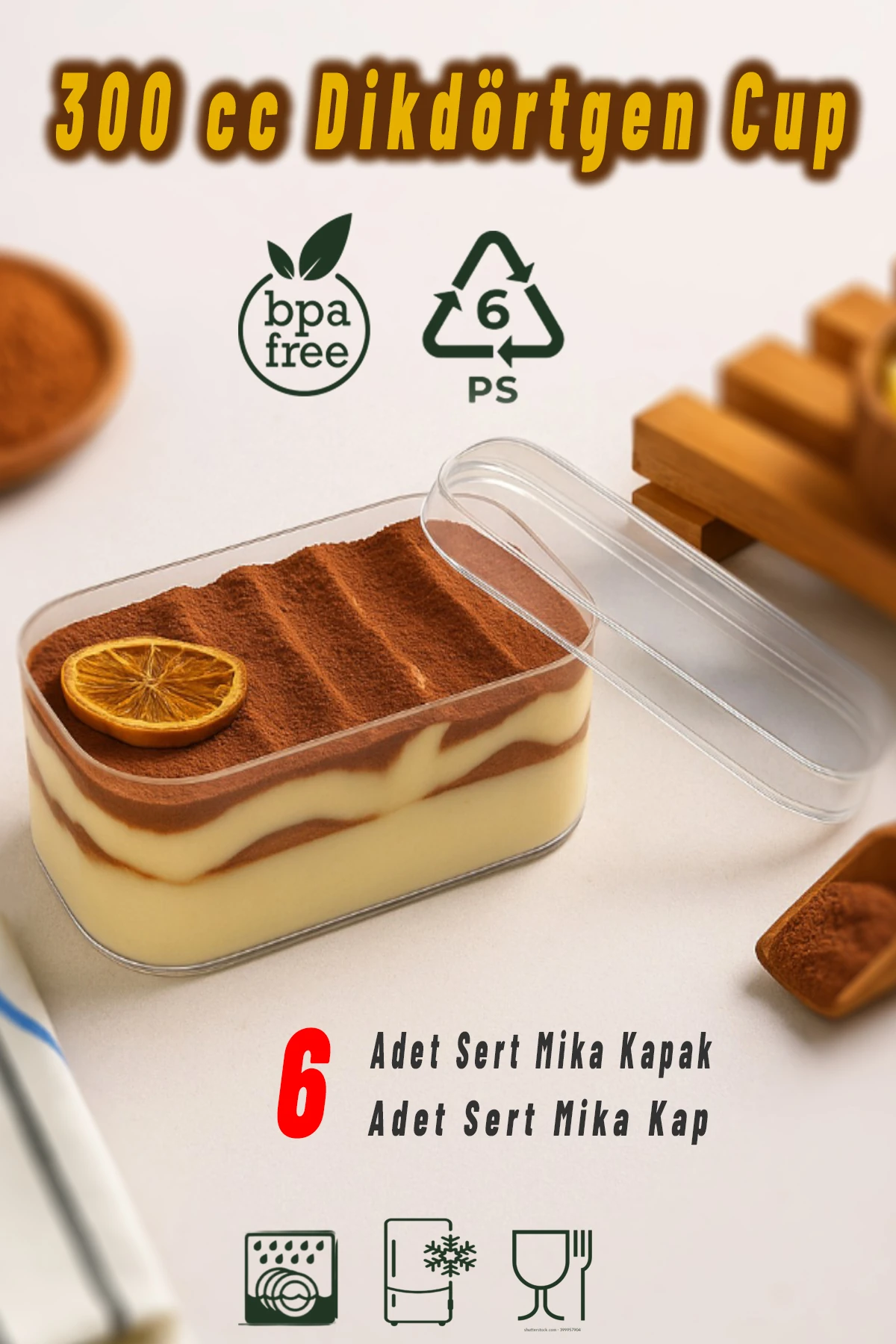 6'lı Tiramisu Cup 300 cc Mika Kase Plastik Şeffaf Kapaklı Sunum Kabı Tatlı & Meze Ve Salata Kap